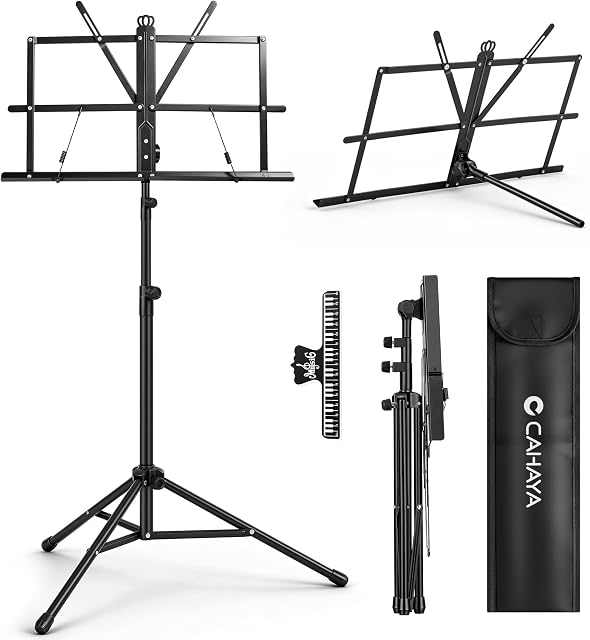 CAHAYA Portable Sheet Music Stand - Dual-Use Desktop/Floor Music Stand Height Adjustable Book Holder Folding with Carrying Bag and Clip for Students Musicians Outdoor Performances | Music Book Holder Up to 47.2” Folding Lightweight with Carrying Bag