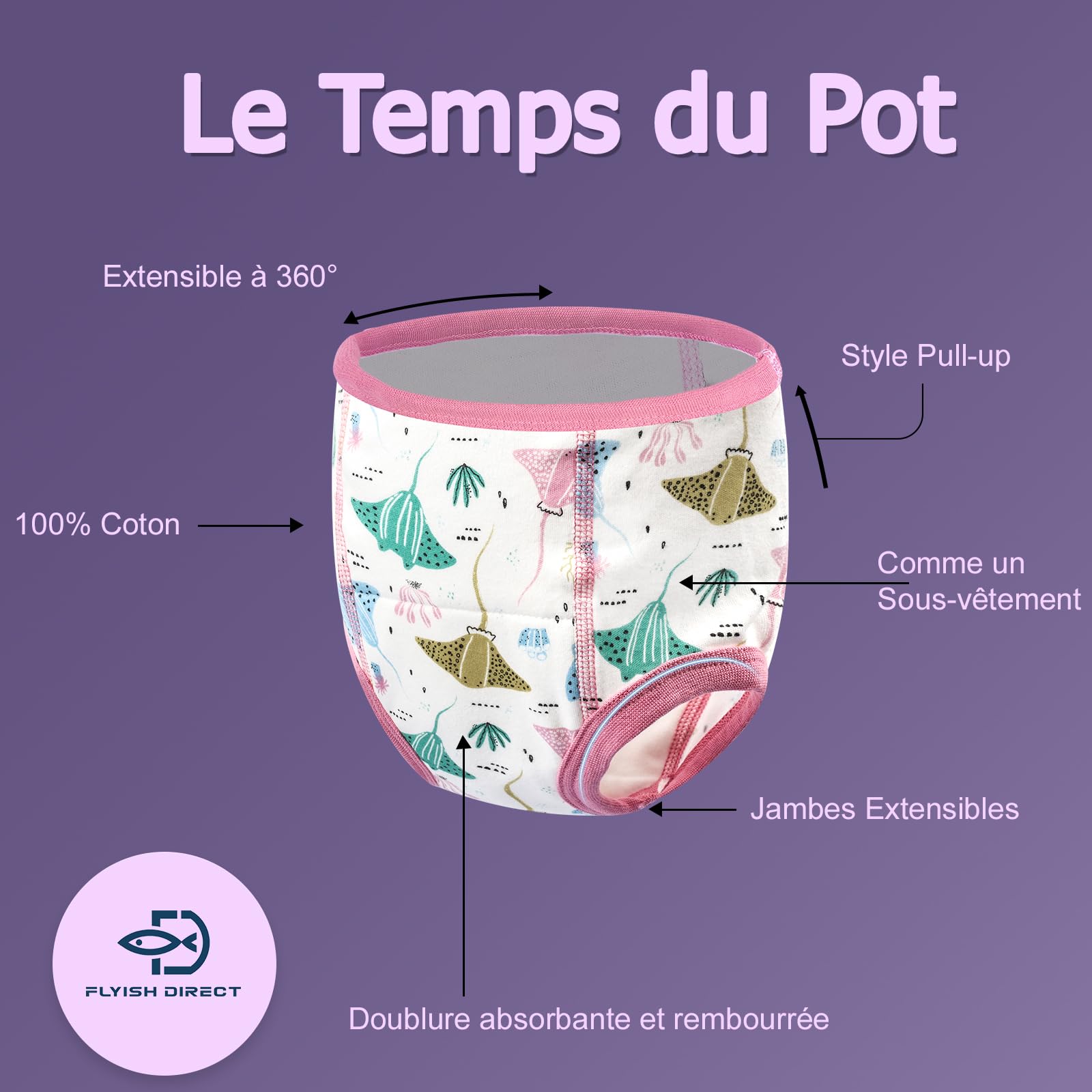 FLYISH DIRECT Culottes Apprentissage Propreté Garçons Filles, Slip d'Apprentissage Propreté Coton 100%, 4 Paires Culottes d'Apprentissage Imperméables Réutilisables et Lavable, 2 Ans, Pourpre et Dino