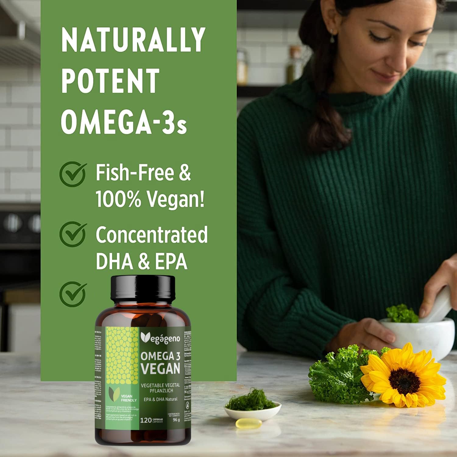 OMEGA 3 VEGAN - Huile d'algues 2000MG d'origine végétale. Haute concentration de 600 mg de DHA et 300 mg d'EPA par dose quotidienne. 100% naturel. Sans gluten. Non OGM. Compatible avec le VEGAN