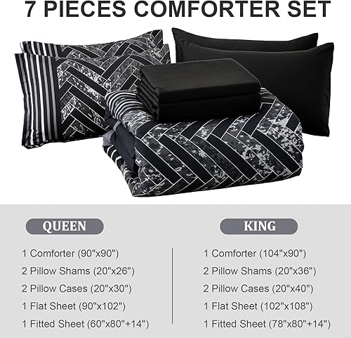 Miniatura 6 de Luxudecor Juego de edredón morado tamaño King de 7 piezas a rayas moradas y negras en una bolsa, juego de edredón geométrico y sábanas de microfibra