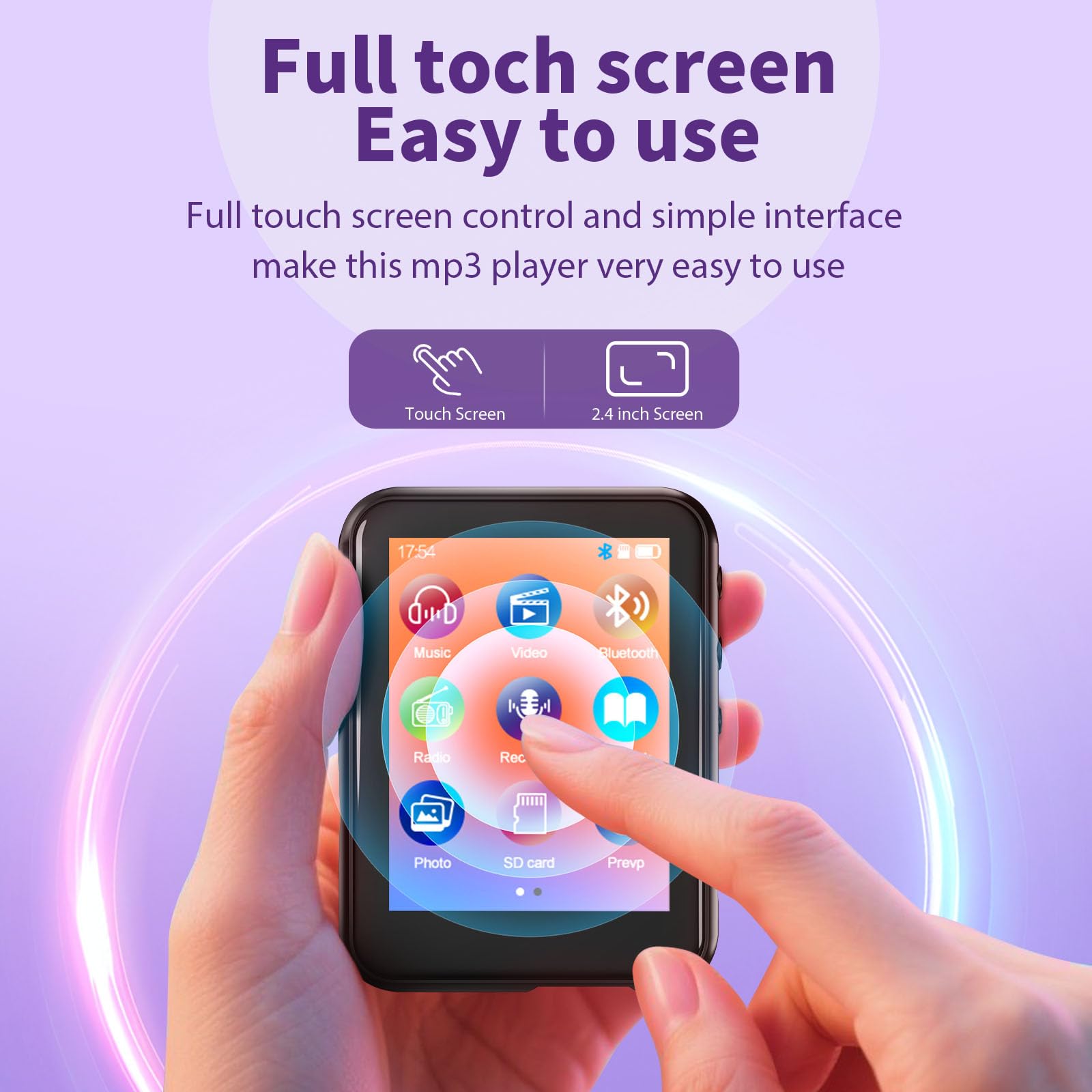 Reproductor MP3 de 32 GB con Bluetooth 5.3, pantalla táctil de 2,4 pulgadas, radio FM, grabación de voz, sonido Hi-Fi, función de libro electrónico, ampliación de memoria de hasta 512 GB