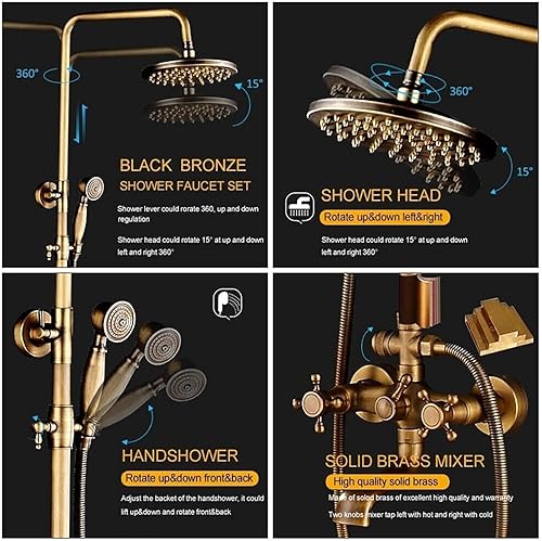 Miniatura 4 de TINICO Juego de grifos de ducha de latón antiguo, 8 pulgadas, montaje en pared, estilo vintage, cascada, kit de accesorios de ducha con rociador de