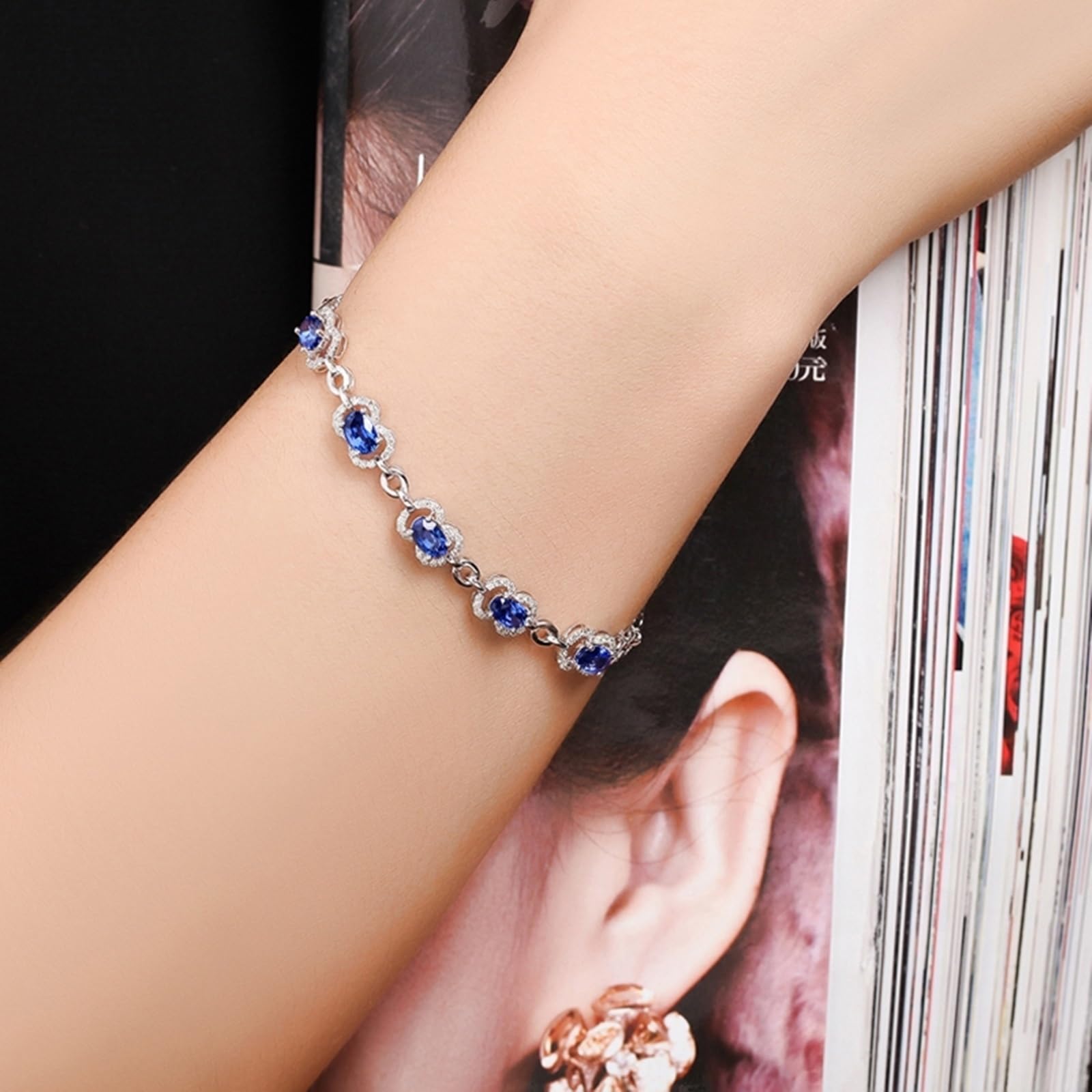 Bracciale in Oro Bianco 750/585/375 Vero, Bracciale con Zaffiro Sintetico 3.5ct 16-18 cm Estensione 4 cm con Moissanite, Braccialetto Donna Fidanzati