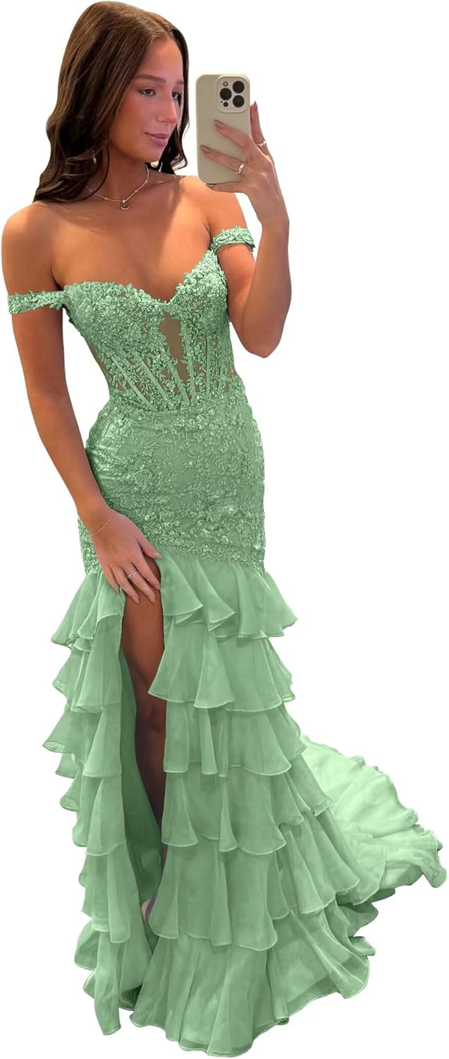 Mermaid Prom Dresses for Women Sparkly Sequins Tiered Chiffon Prom Dress with Slit He5084