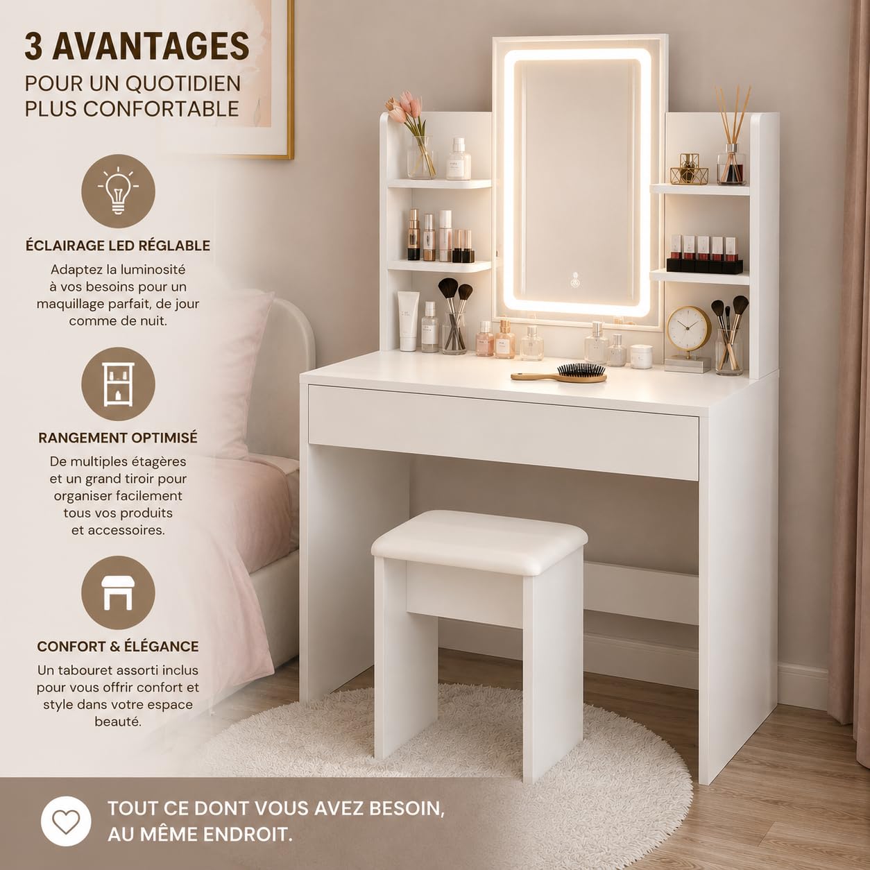 Coiffeuse avec Miroir et Tabouret - LED 3 Couleurs - Grand Rangement 4 Étagères + Tiroir - Bureau Maquillage Blanc Moderne - Éclairage Professionnel Réglable