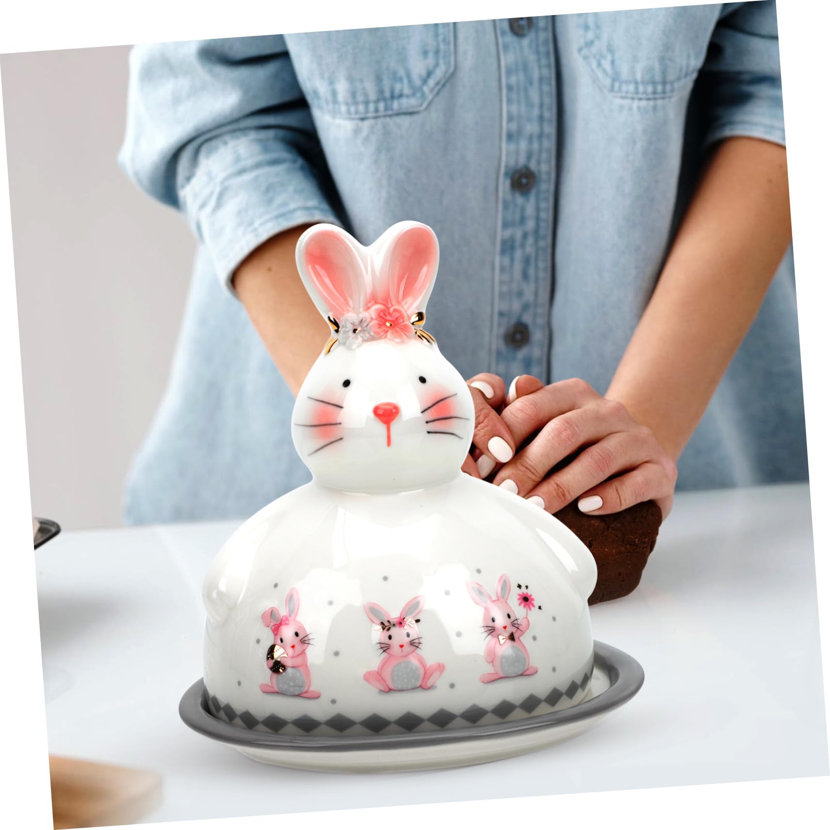Beurrier en Céramique Lapin Couvercle, Plateau à Beurre Multifonction, Taille Standard, Blanc, Cuisine et Saveurs Maison, Plateau à Dessert et Collations Pratique