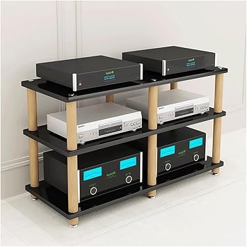 Audio Rack Double Wide Stereo Rack Audio Equipment Rack Audio Stereo Shelf Wooden Open HiFi Rack Audio-Video Shelving Shock FeetNero,3 Tier