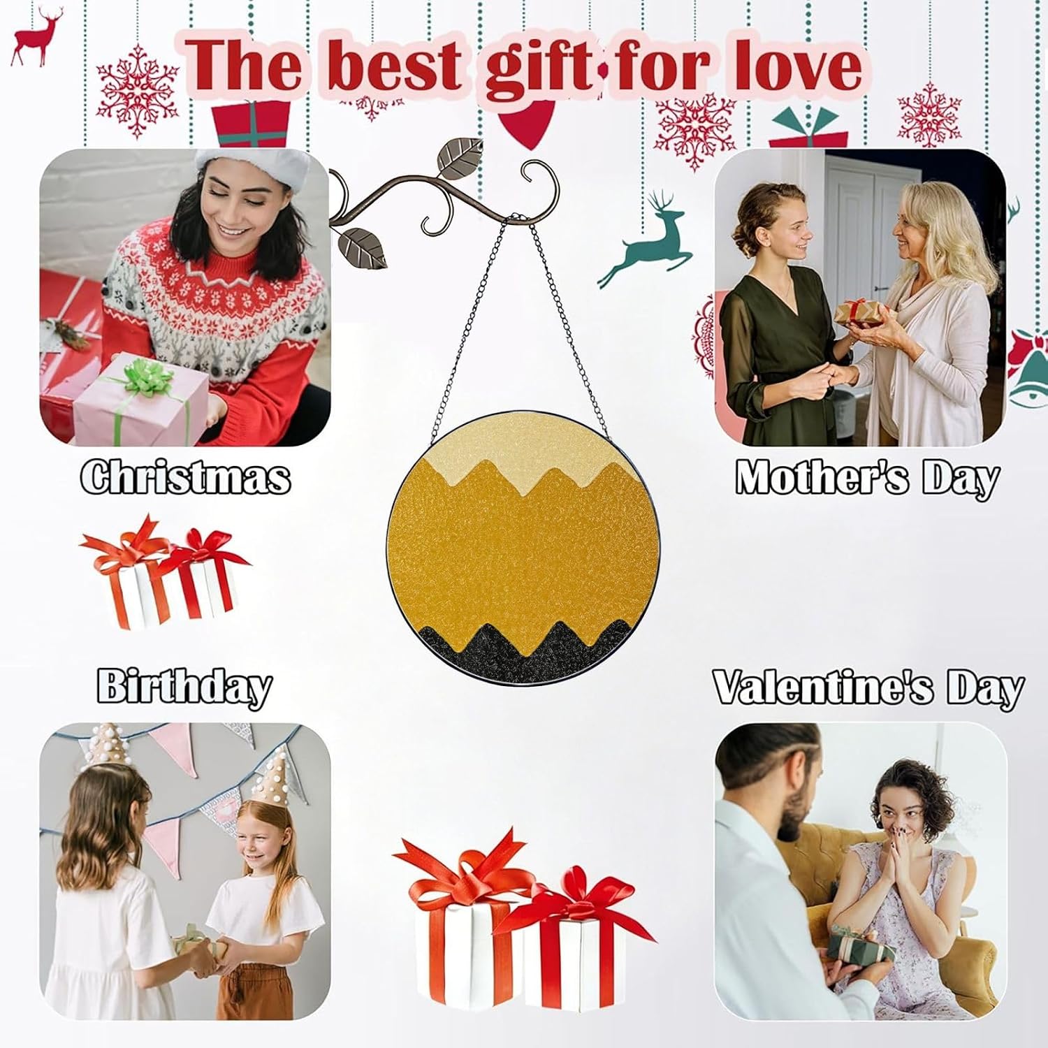 Stained Glass Window Hanging 6in（15cm）, Mustard Yellow and Black Glass Suncatcher for Home Decor, Indoor Wall Art Glass Panel with Metal Chain and Hooks, Sun Catcher Ornament Birthday Gifts