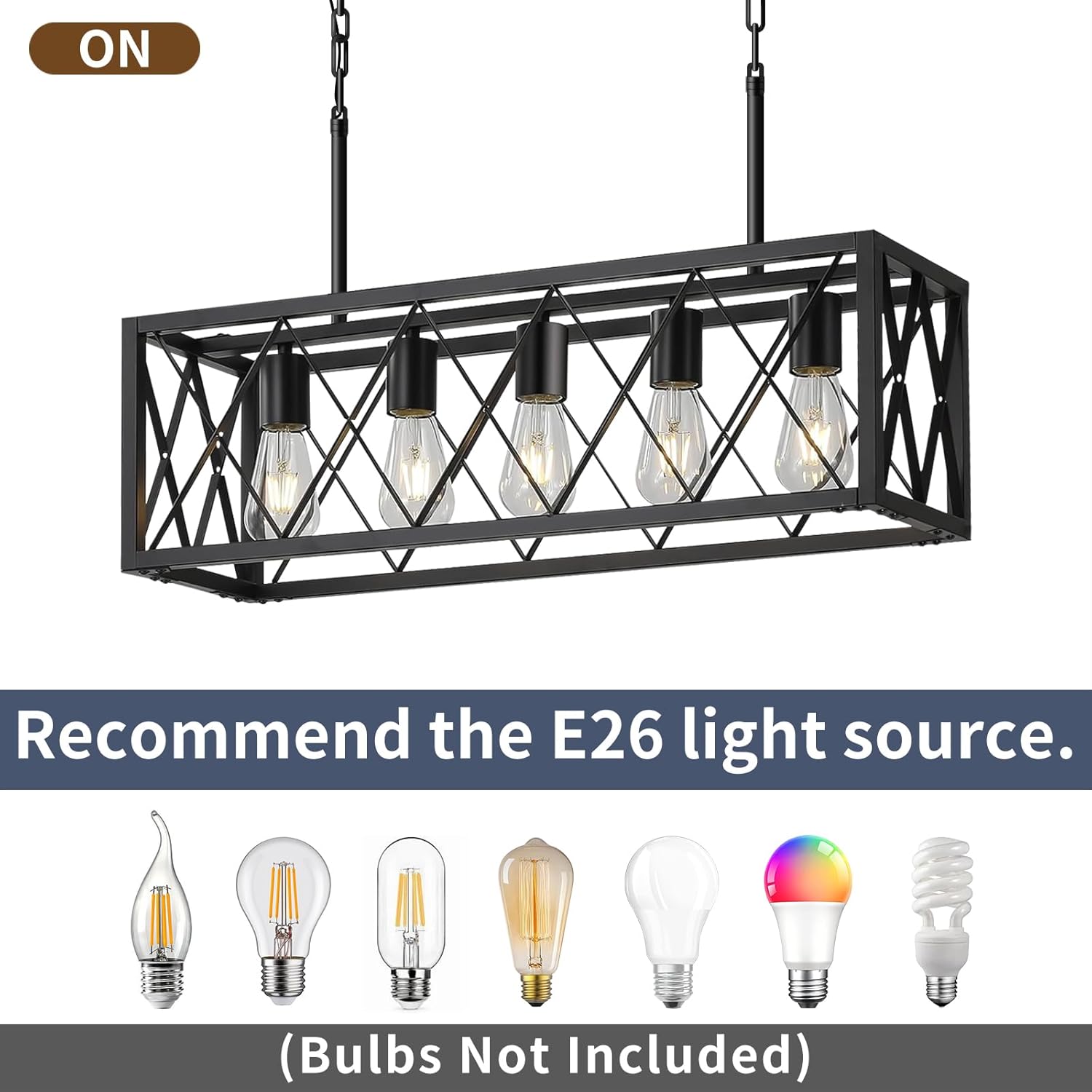 5 Lights Island Light for Kitchen,Farmhouse Industrial Rectangle Pendant Light, Black Vintage Chandelier for Living Room,Pool Table Hallway E26