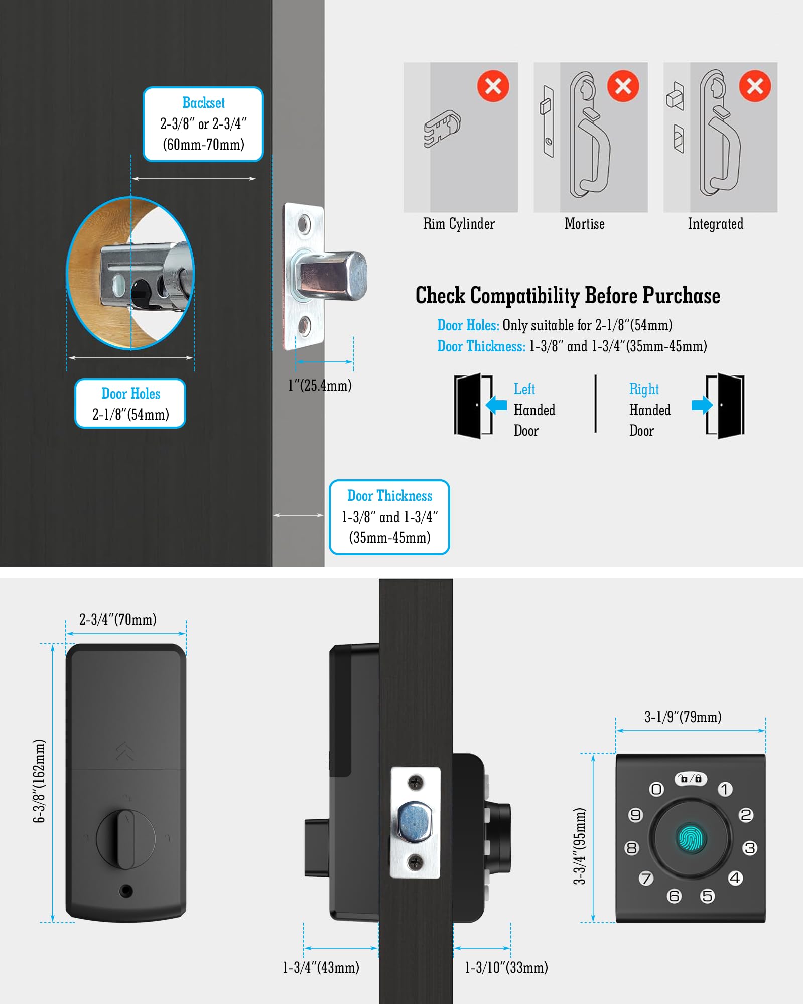 LELOUPFIDELE Cerradura inteligente – Cerradura de puerta de entrada sin llave con cerrojo de teclado, huellas dactilares y código antimirada, diseño compacto, bloqueo automático, fácil de instalar