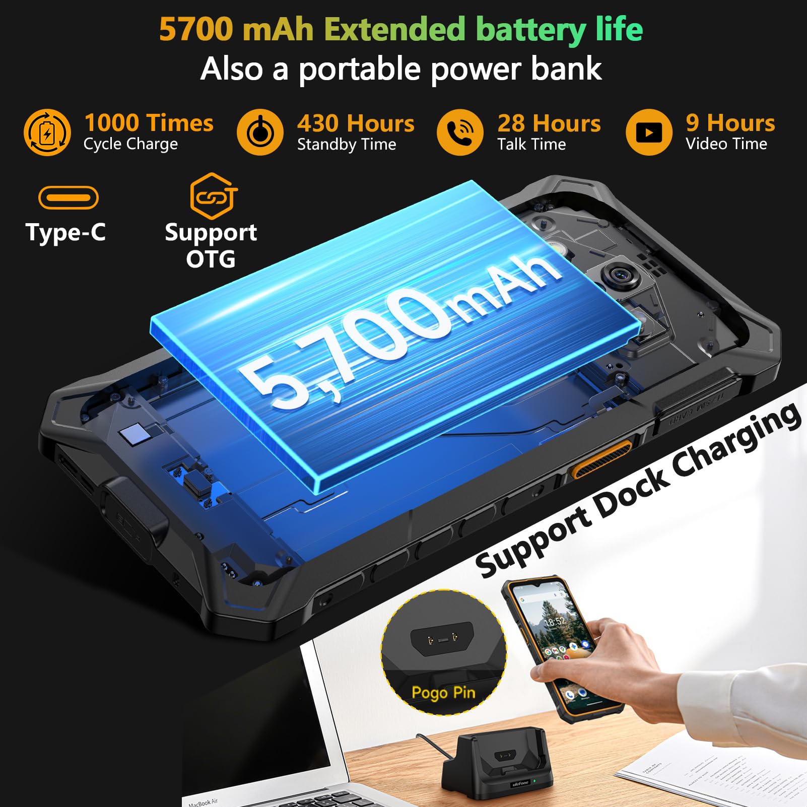 Ulefone RugKing 3 Pro Cellulare Android 15, 5700mAh AI Rugged Smartphone 16GB+128GB/SD-2TB, Octa-Core 48MP+8MP Telefono Impermeabile 6.56" 120Hz, 120LM Super Torcia/3-Slots/OTG/NFC/GPS Orange