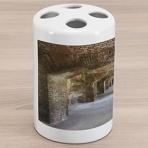 Ambesonne Vintage Ceramic Toothbrush Holder, Brick Arches Dry Tortugas Old Fort Historic Heritage Tourist Attraction Vintage Design, Decorative
