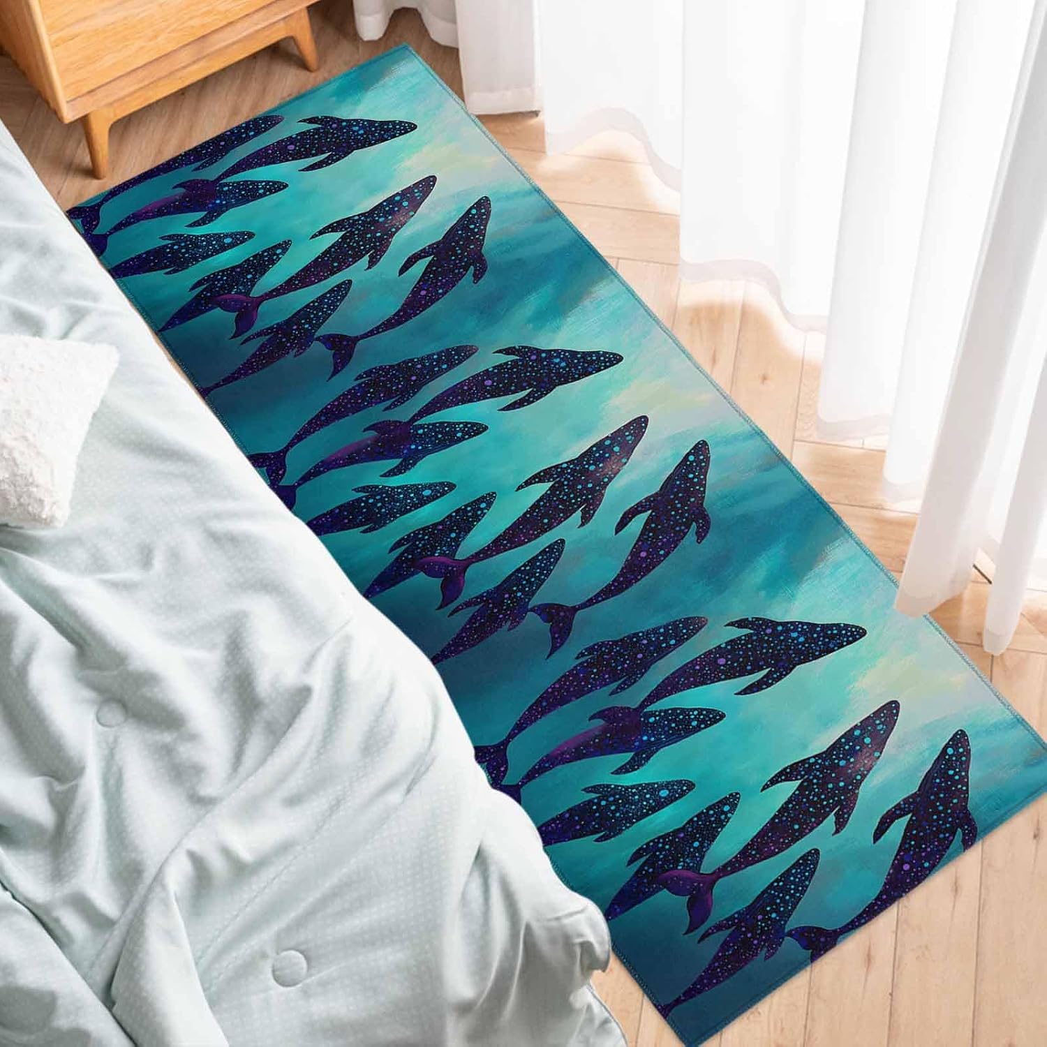 Teamery Kitchen Mats for Floor Underwater Ocean Whale Polka Dot Washable Non Slip Kitchen Rugs 1PCS, Watercolor Marine Life Absorbent Standing Mats for Sink Bathroom Office Living Room 15.7x47.2in