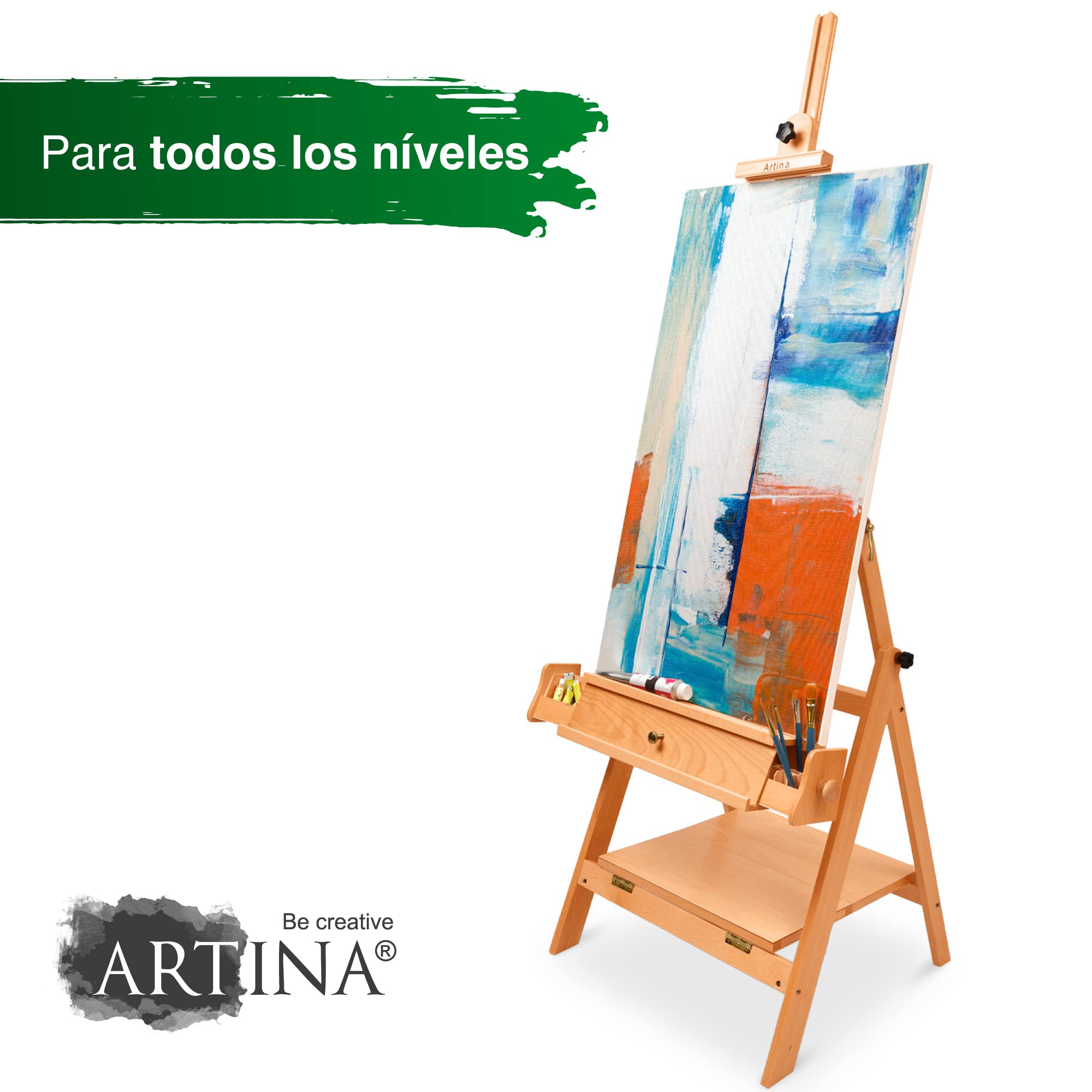 Artina caballete de pintura de estudio profesional para lienzos madera haya | maciza de plegable de altura regulable para hasta 150cm artista grande bastidor Napoli