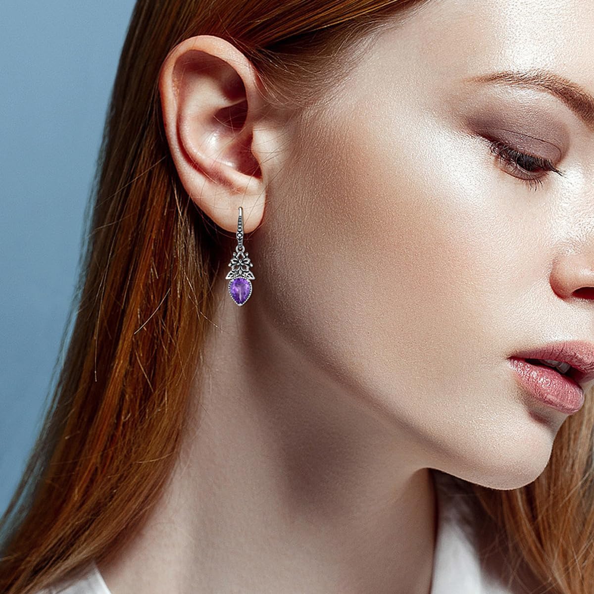 3.5ct Pear Cut Gemstone Vintage Hook Earrings with Flower Filigree 925 Sterling Silver Oxidized Birthstone Hook Earrings Jewelry for Women Gifts - Image 3