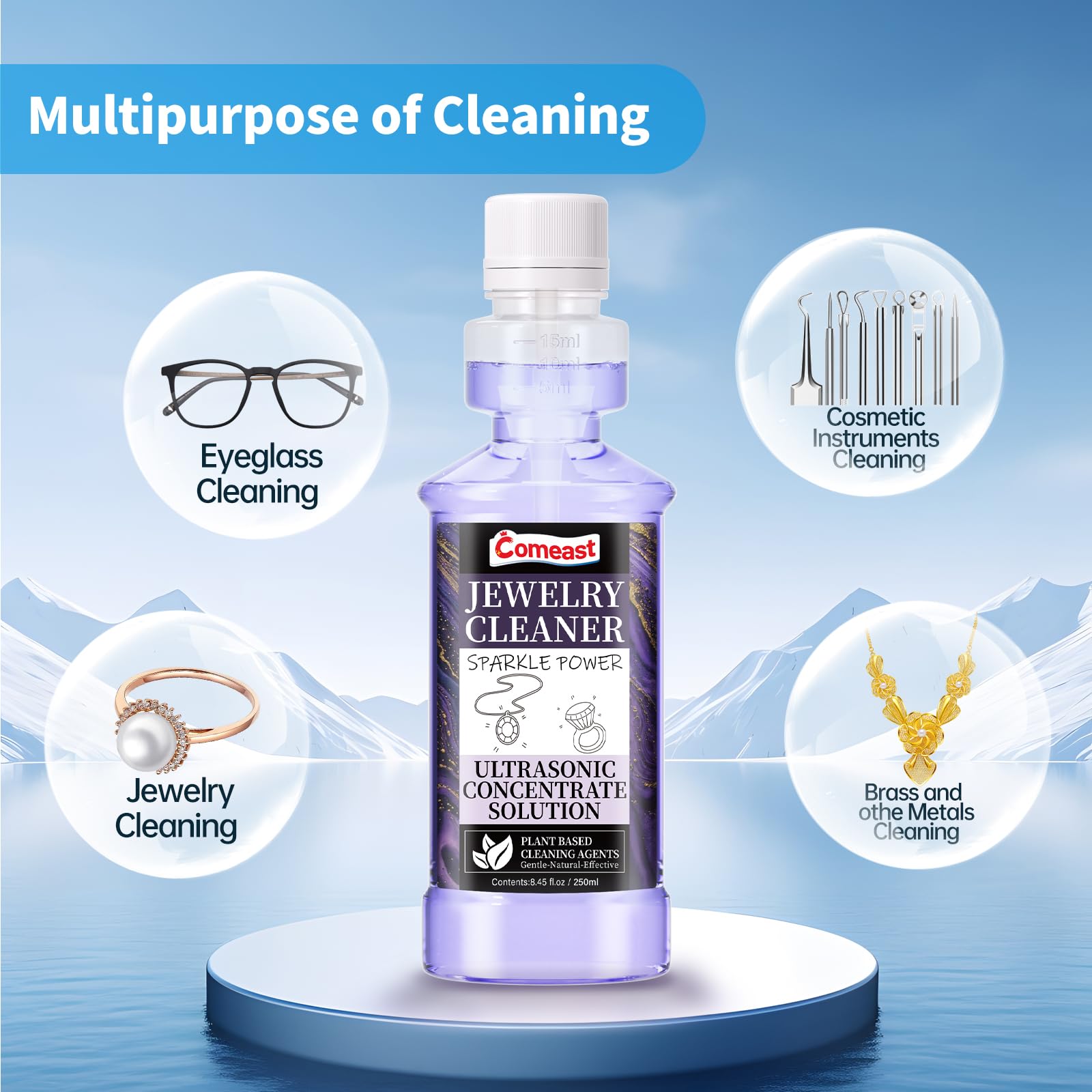 Solución limpiadora ultrasónica concentrada, solución limpiadora ultrasónica de joyas, potencia profesional para todas las máquinas ultrasónicas, lentes a base de plantas, gemas y joyas, líquido total