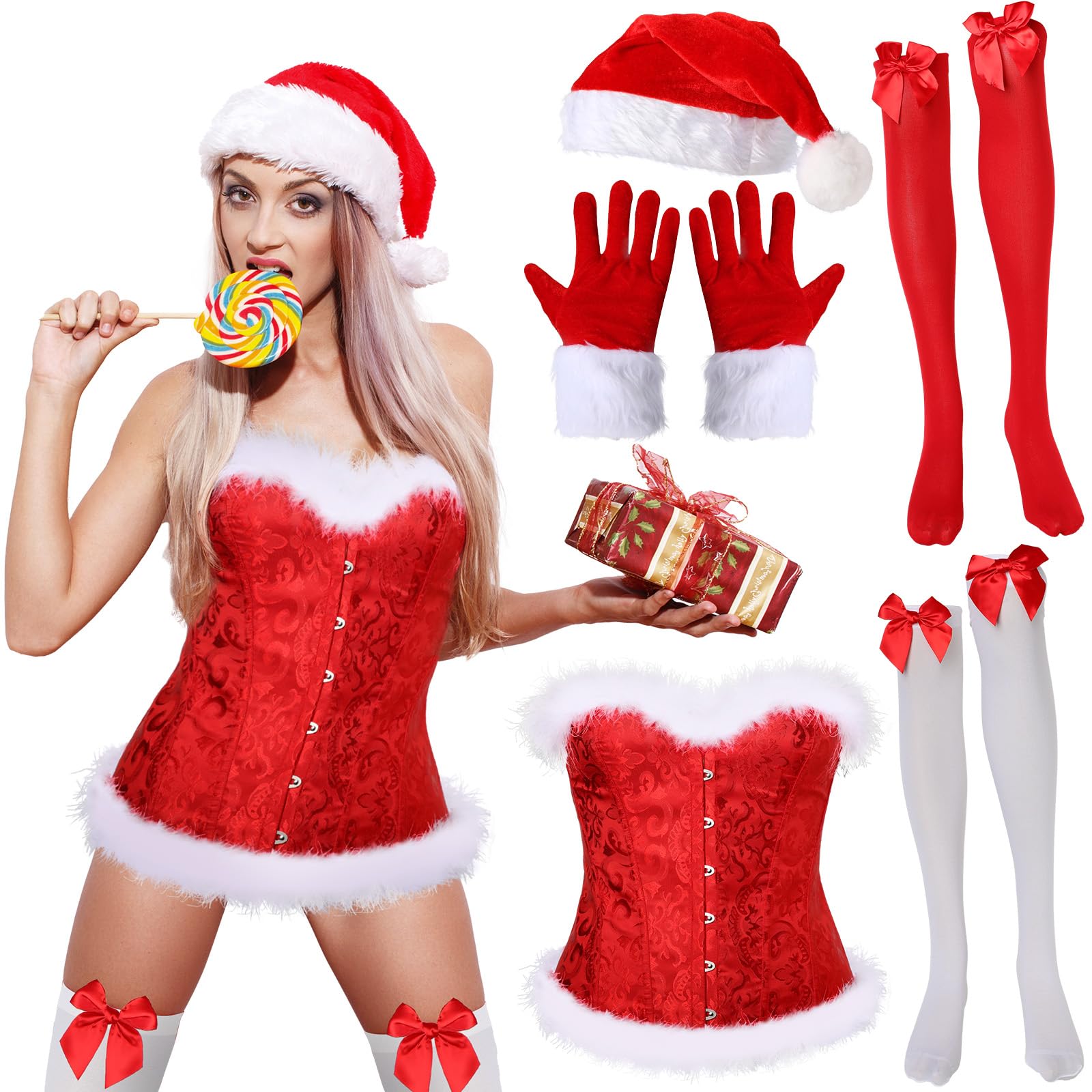 Shinymoon 5 Pcs Christmas Lingerie for Women Christmas Santa Costume Women Santa Suit Fancy Dress Xmas Hat