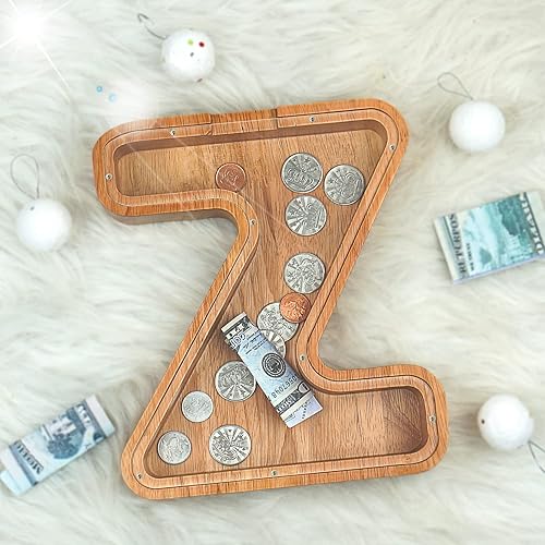 Miniatura 158 de Alcancía para niños y niñas, alcancía grande de madera personalizada con diseño recortado, bancos de monedas con letras del alfabeto, caja de ahorro