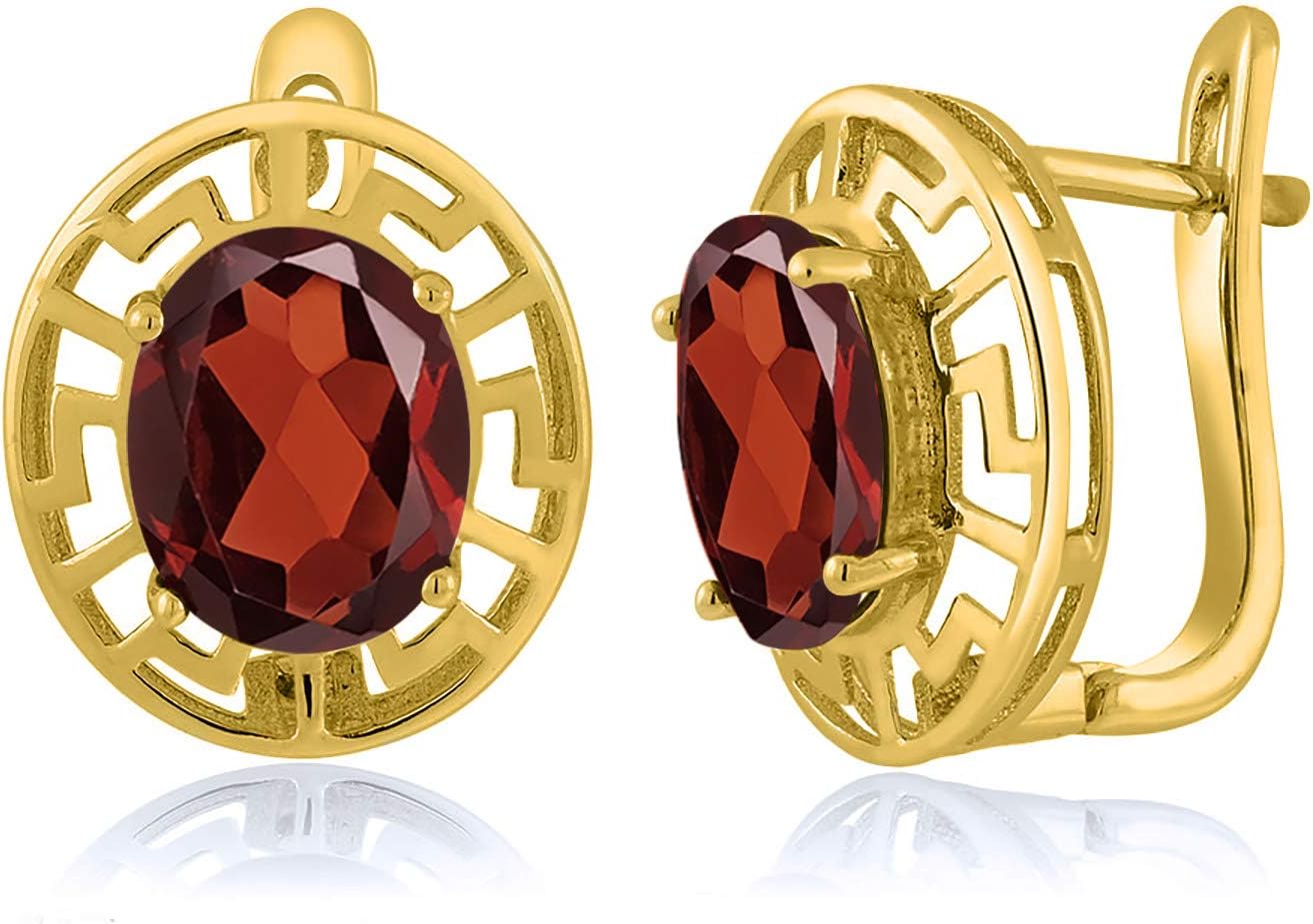 Gem Stone King 18K Yellow Gold Plated Silver 10X8MM Oval Gemstone Birthstone Greek Key Earrings For Women | Fine Jewelry Gifts for Her Mom Women Wife