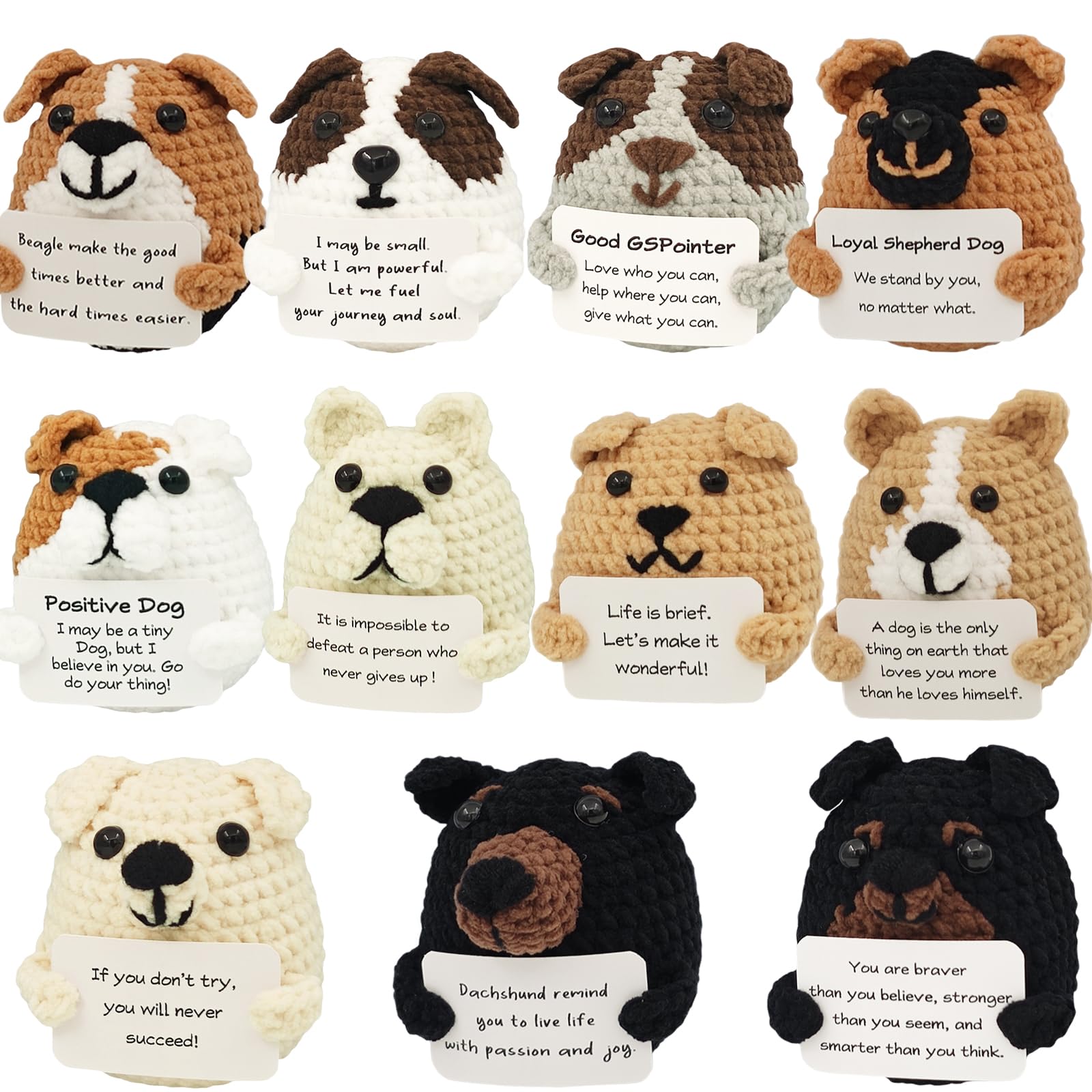 PoccroToys 11Pcs Positive Crochet Dog Animals Doll Upgraded Yarn Christmas Birthday Gifts for Women Men Handmade Toy Cheer Up Support Inspirational