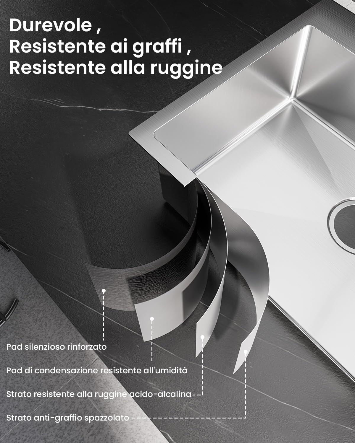 SUS 304 - Lavello da cucina da 60 x 45 cm, moderno lavello da incasso, rettangolare, in acciaio inox, per sottolavelli a partire da 60 cm, con 2 fori per rubinetto e sifone