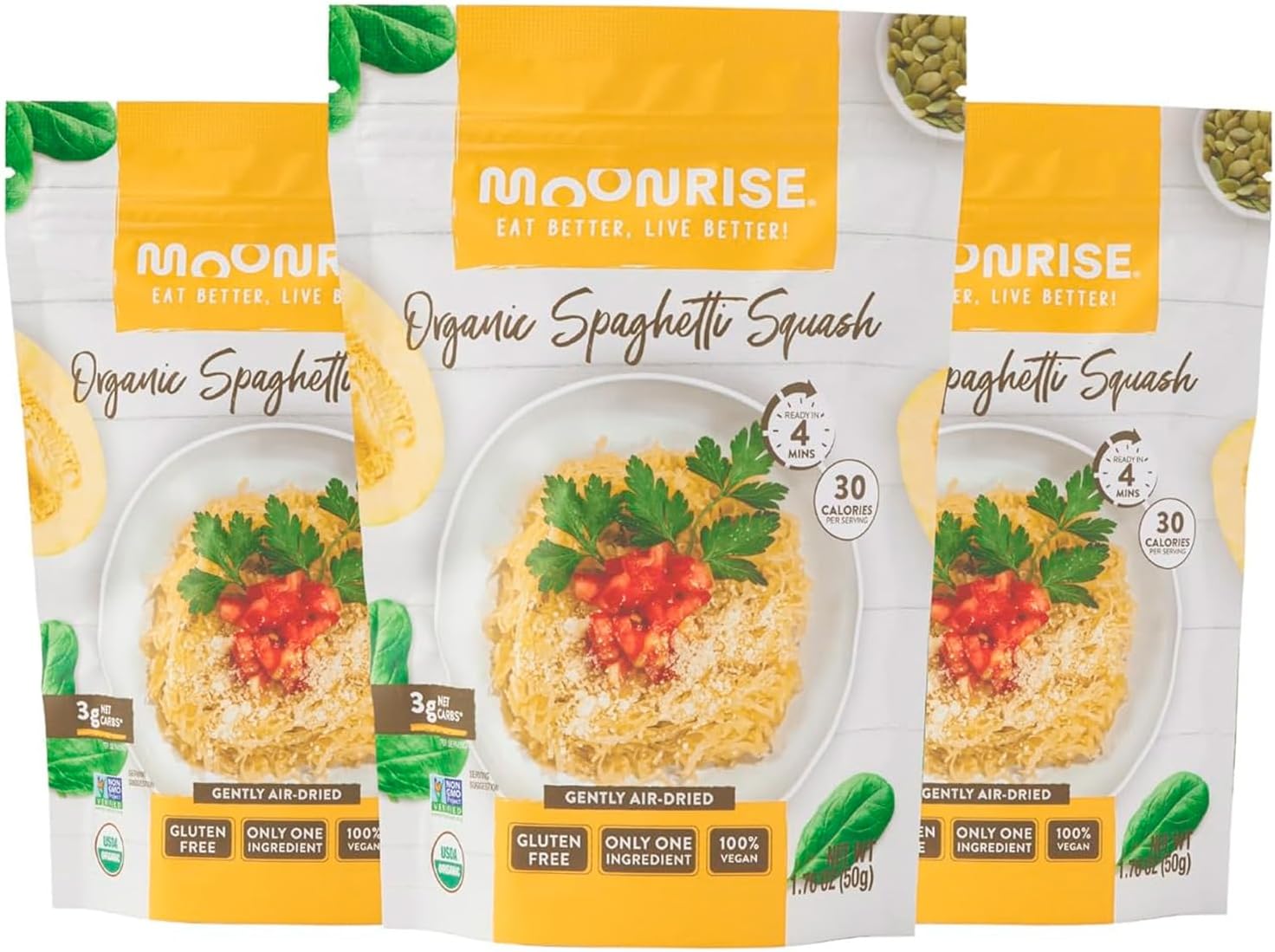 Moonrise Organic Spaghetti Squash Pasta | 1.76 oz (50g) | Makes Up to 12 oz Prepared | 1 Ingredient Real Vegetable Pasta | Flour-Free | No Fillers | Non-GMO, Gluten Free, Low Carb (Pack of 3)