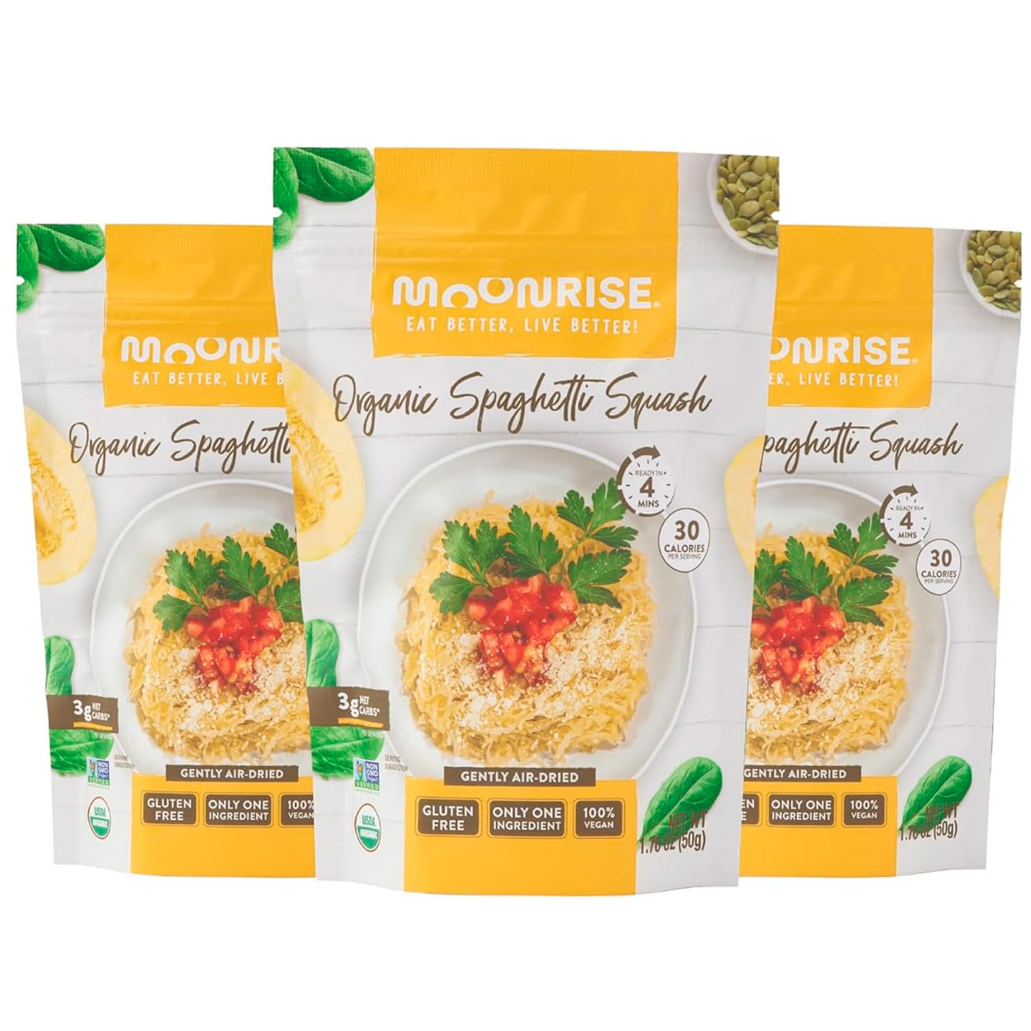 Moonrise Organic Dried Spaghetti Squash | Gluten Free | Low-Carb, Low-Calorie Vegetable Pasta | Keto and Vegan | Non-GMO | Ready in 4 minutes (Pack of 3, Natural)