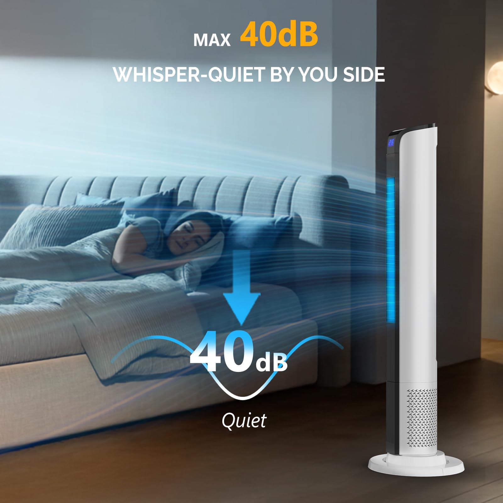 ROVSUN Ventilatore a Torre Silenzioso 40 dB, Potente 7.6 m/s, Ventilatore Colonna con Telecomando, 3 Velocità, 3 Modalità, Oscillazione 60°, Timer 12 H, Electric Fan 65 W