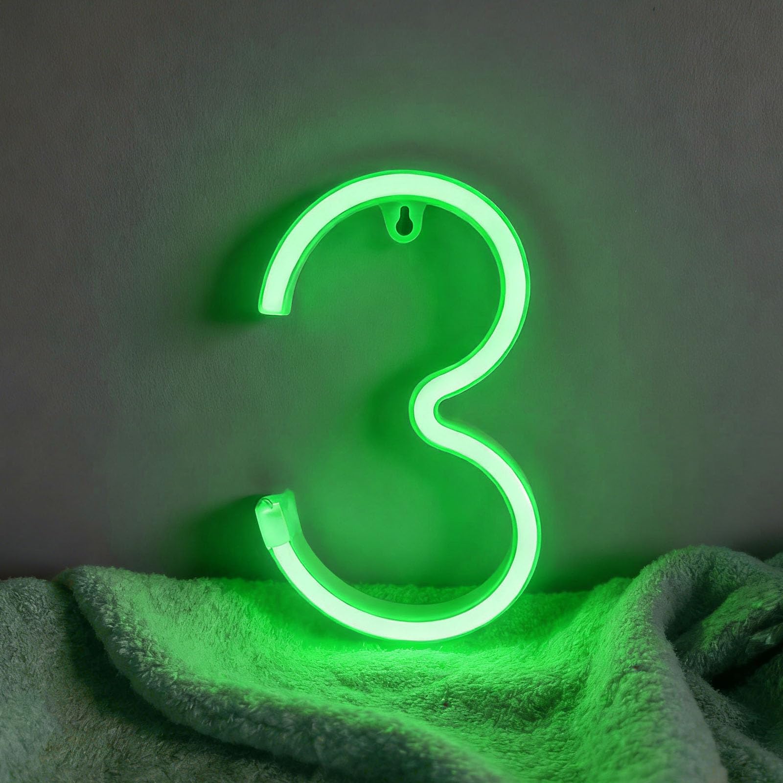shulovehua Green Neon Letter Sign - Battery/USB Powered LED Alphabet Neon Art Lights for Wedding, Birthday, Christmas, Home Bar (Number 3) — image 1