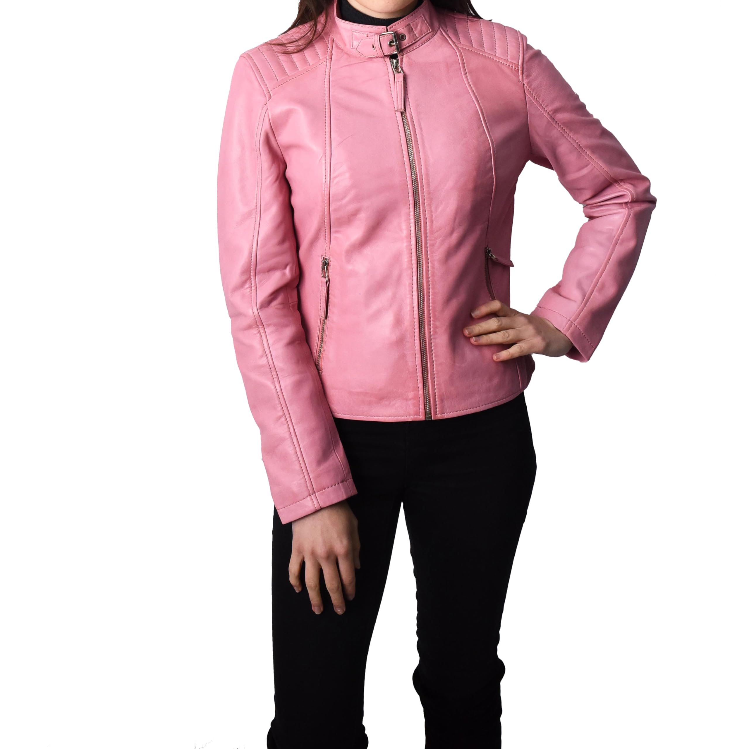 Divergent Retail Womens Real Leather Classic Biker Style Jacket Ladies Plain Coat Bikera (UK, Numeric, 14, Regular, Regular, Pink)