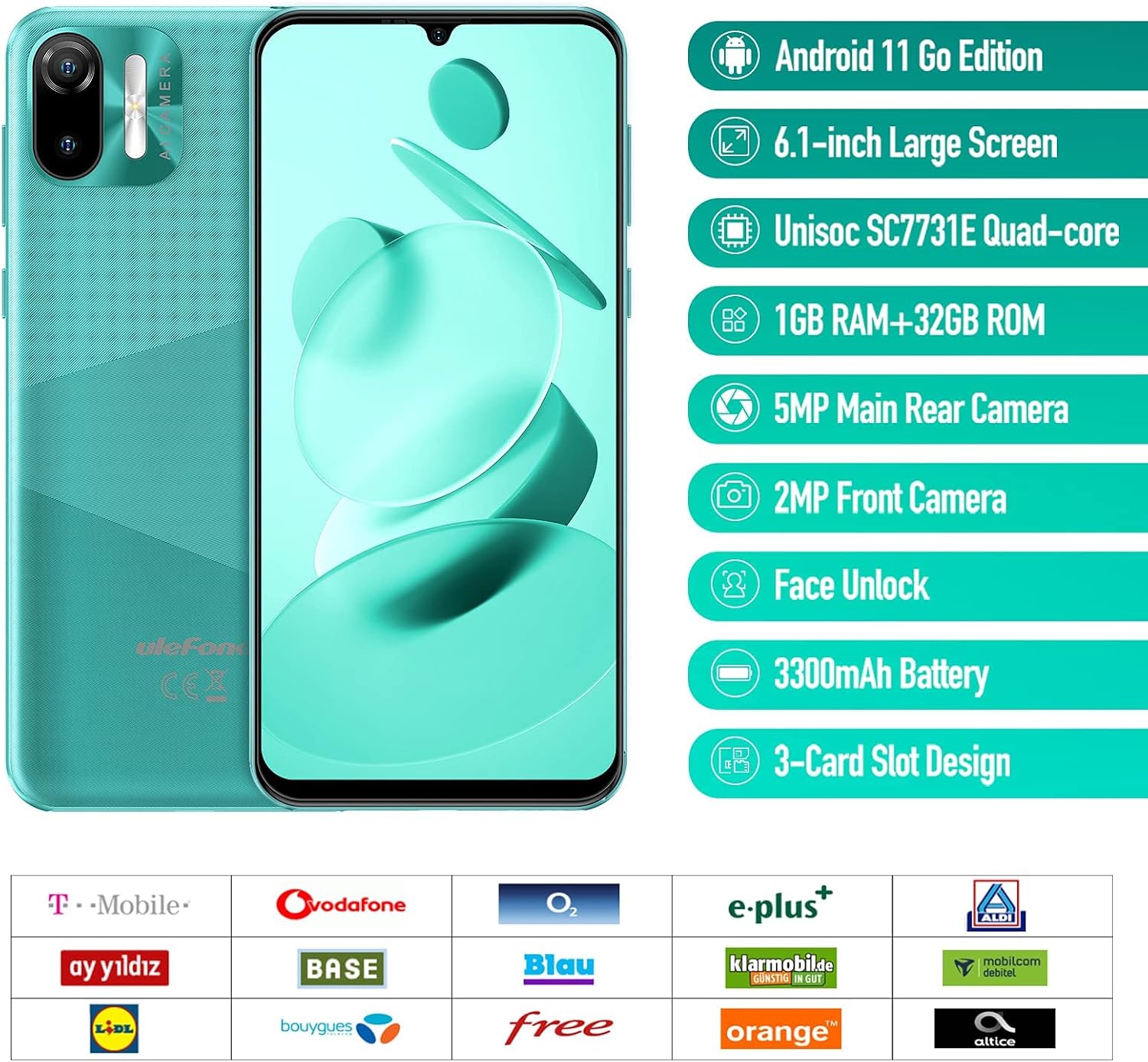 Ulefone Unlocked Smartphone, Note 6 Android Phones Unlocked, Triple Card Slots, 5MP+2MP, 6.1" IPS Full-Screen, 3G Dual SIM Cell Phone Unlocked, 32GB, 3300mAh, Face Recognition, Cheap Phones - Green