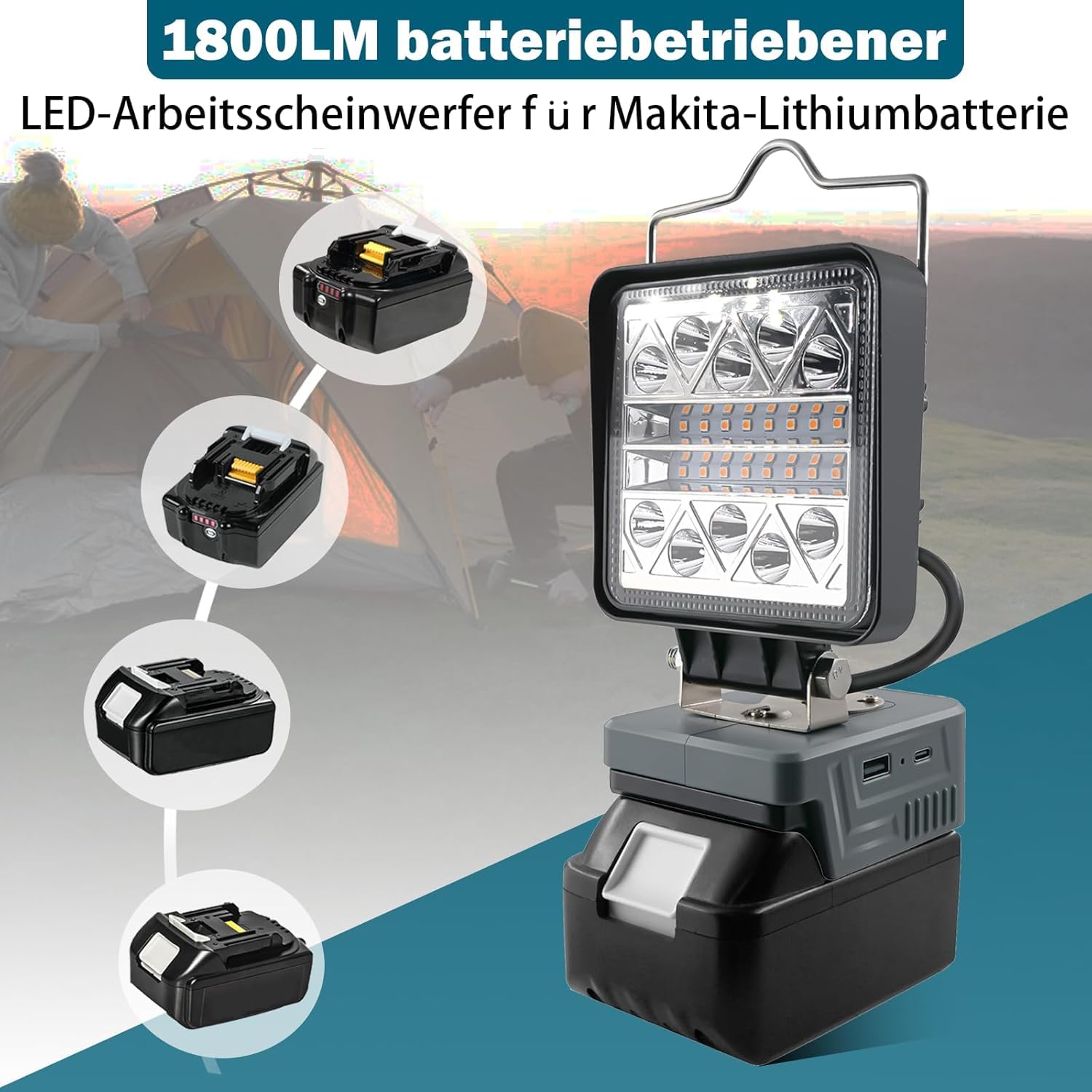 Lampada A Batteria TPDL 65W Compatibile Con Einhell Power X-Change E Makita 18V – Faretto LED Regolabile 1000-3000 Lm, Testa Orientabile