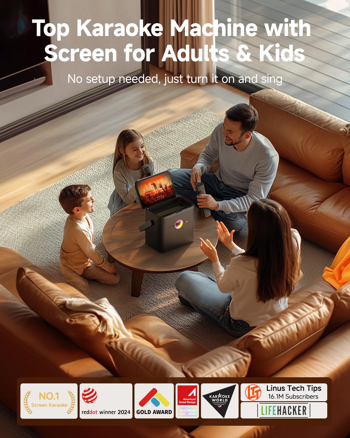 Ikarao Karaoke Machine for Adults Kids, with Lyrics Display Screen, WiFi Connect to YouTube & Karaoke App, 2 EQ Autotune Wireless Microphones Portable Karaoke PA System for Home Family Party Camping