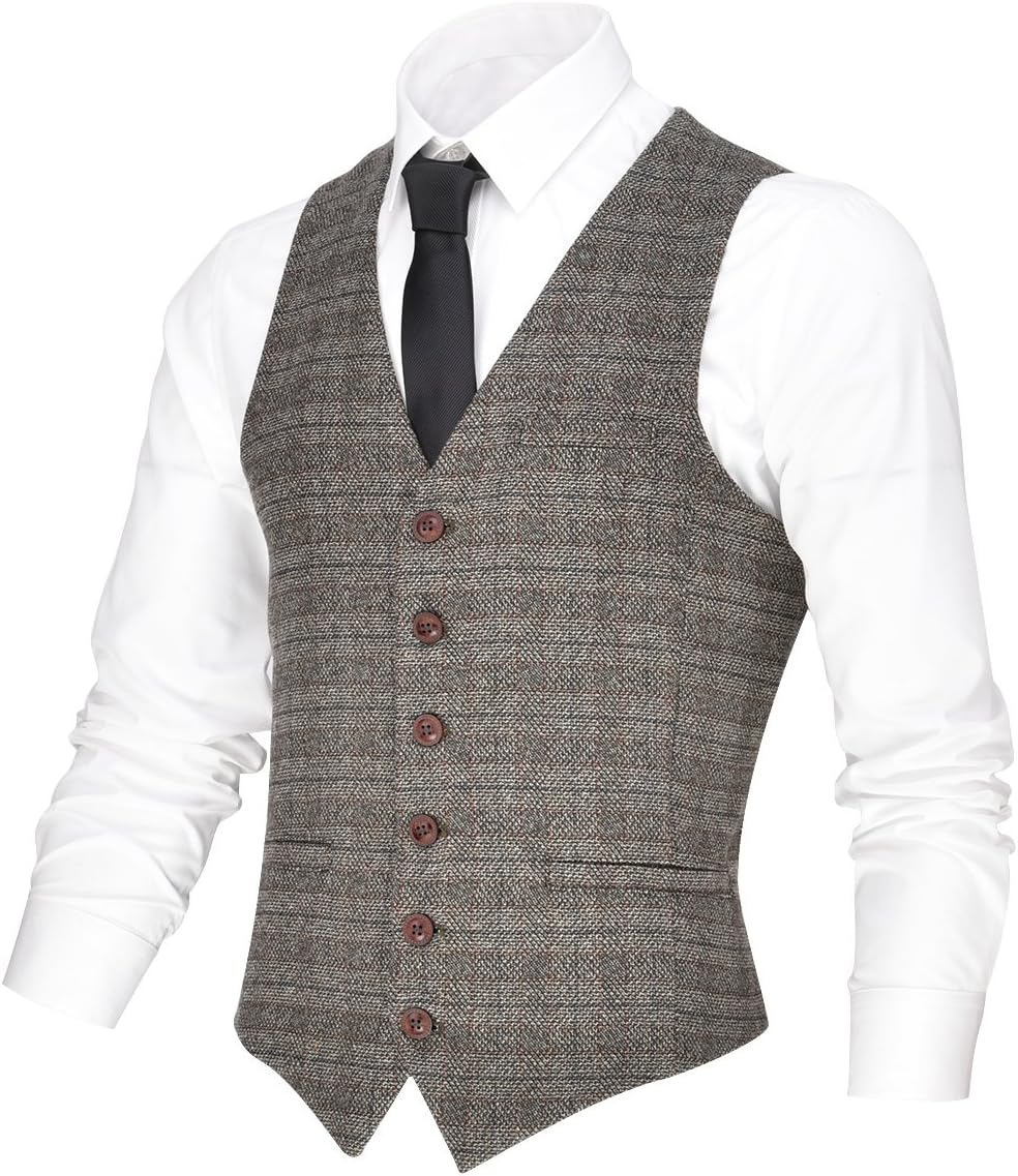 VOBOOM Men's V-Neck Suit Vest Casual Slim Fit Dress 6 Button Waistcoat