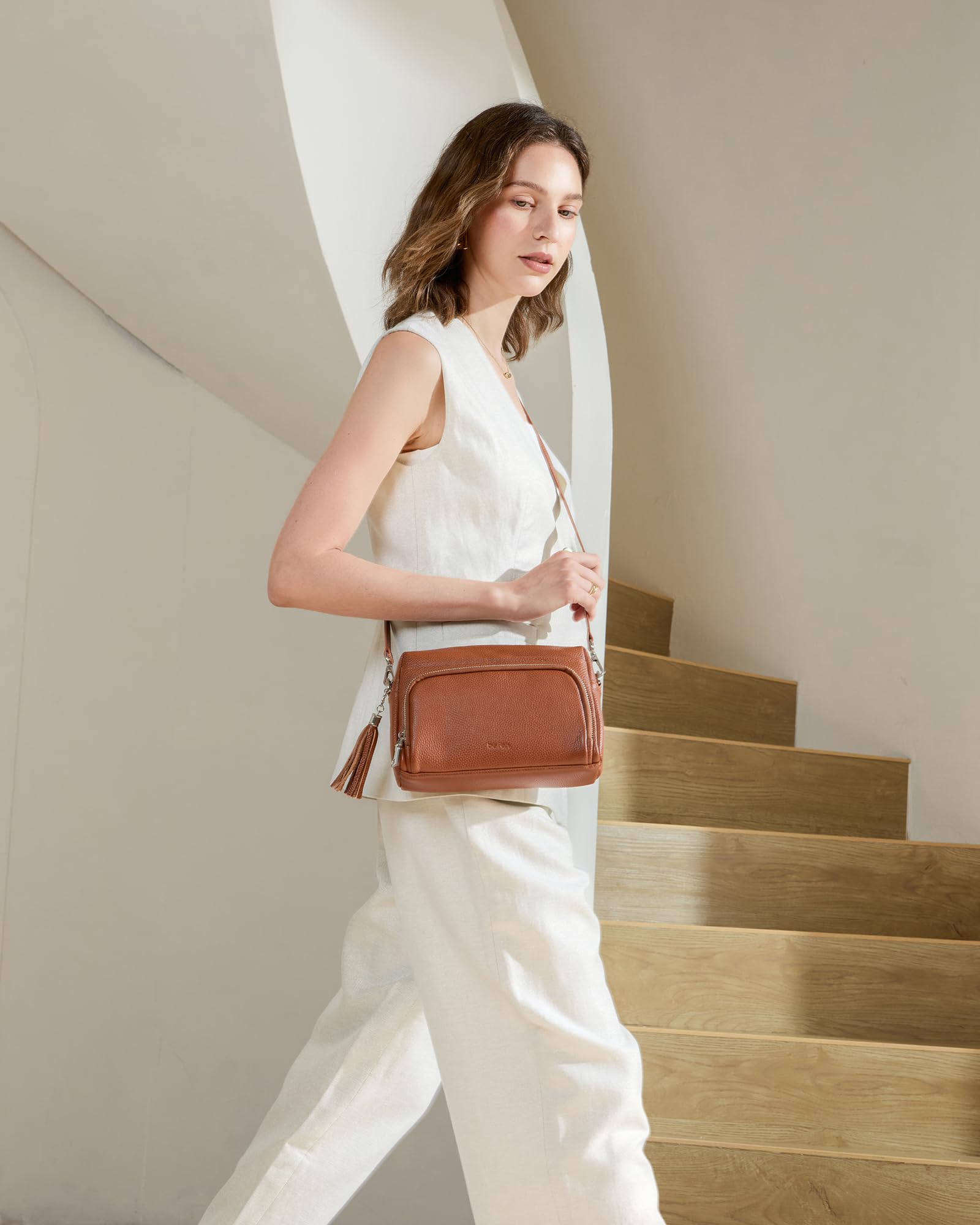 befen Bolso de Piel Genuina de Mujer con Bloqueo RFID Bolso Bandolera Mediano de Mujer con Monedero Integrado, Bolso Crossbody con Correa de Hombro Ajustable y Removible