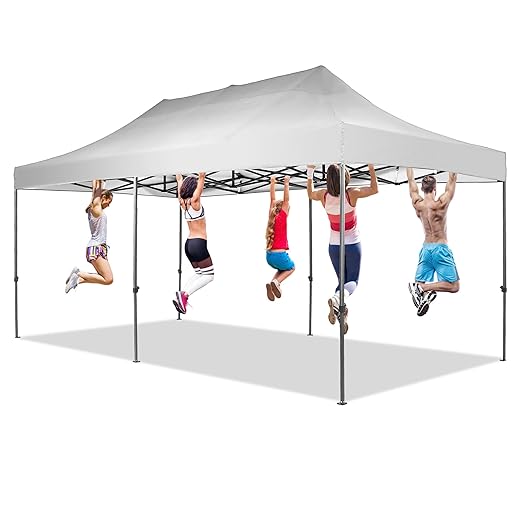 GDY 10x20 ft Instant Pop up Canopy, Folding Heavy Duty Height Adjustable Shelter Gazebos with Wheeled Bag,White.