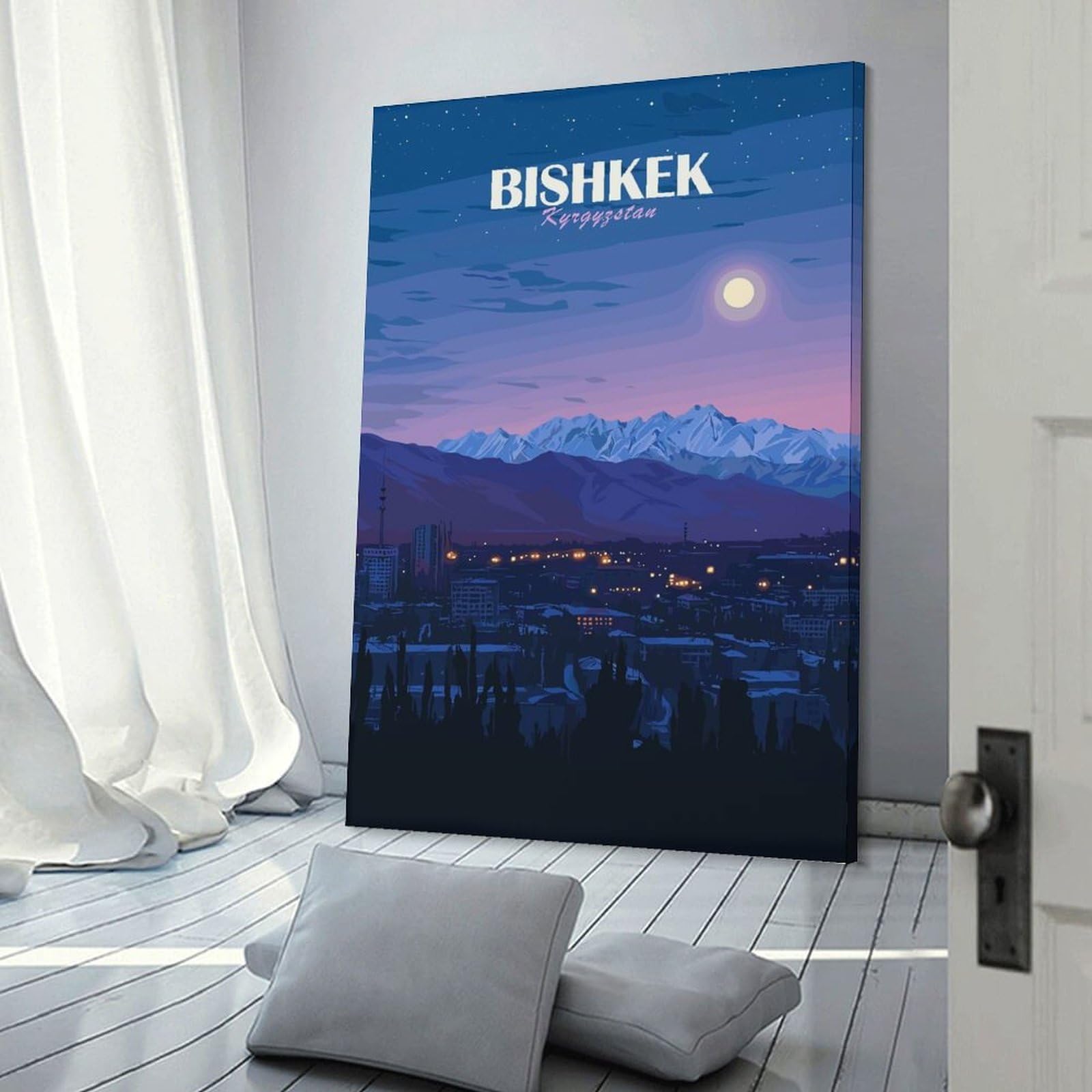 Junmoney Bishkek Kyrgyzstan Night Cityscape Room Decor Wall Art 08x12inch(20x30cm), for Bedroom, Guest Room Or Reading Nook, An Easy Wall Refresh for Bedrooms