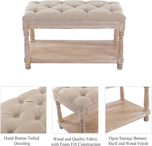 Miniatura 25 de Banco de almacenamiento capitoné de mediados de siglo con estante, banco tapizado de lino para zapatos, taburete otomano con asiento acolchado,