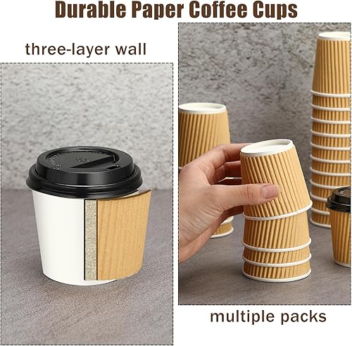 Vista 4 de Uiifan 100 Set 4oz Disposable Espresso Cups with Lids Ripple Corrugated Paper Disposable Coffee Insulated Hot Ripple Cups for hot Chocolate, Tea
