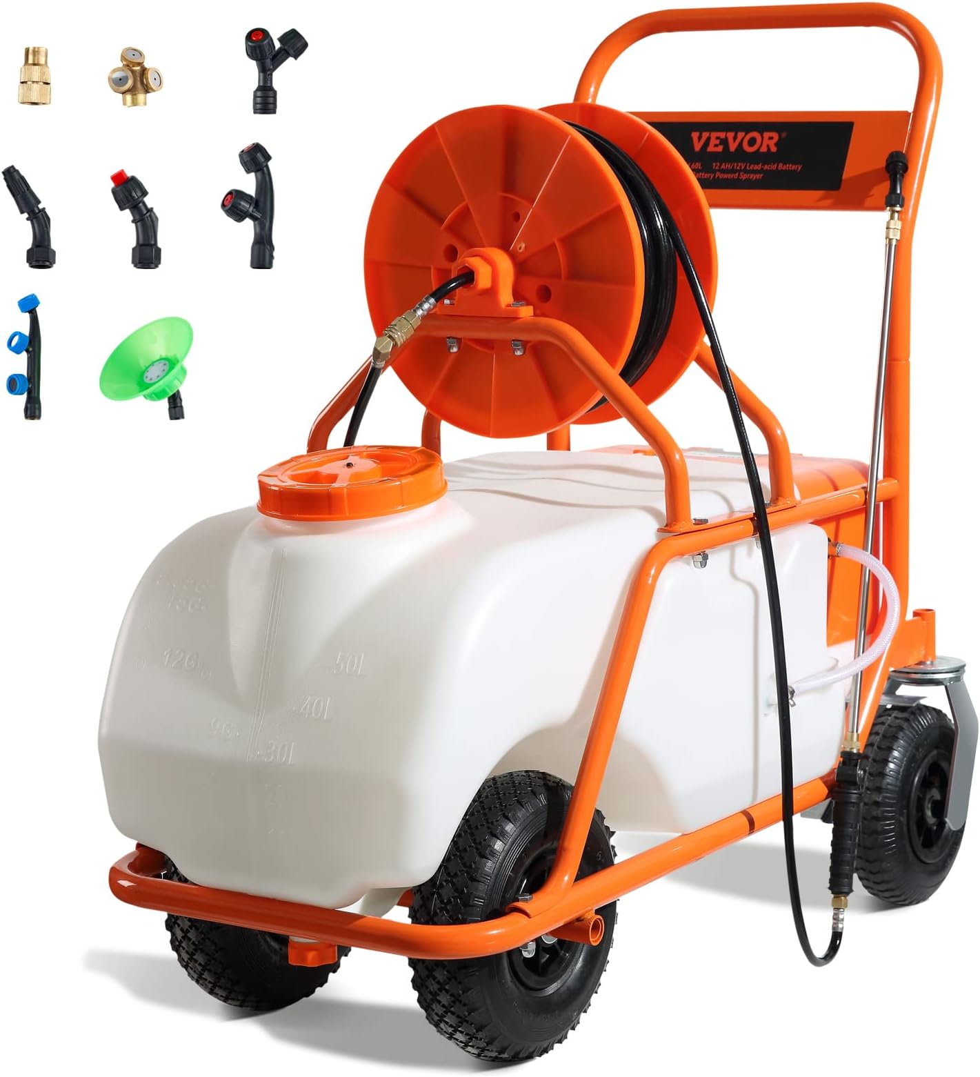 VEVOR Battery Powered 15 Gallon Garden Weed Sprayer with Wheeled Cart, 126FT Hose with Reel, 8 Nozzles, 2 Wands with Lock Trigger, 0-90PSI, 5-6h Spray Time, Wide Mouth Lid, Rotating Wheels with Brake