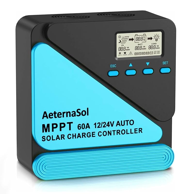 Controlador de Carga Solar MPPT 60 A, 12 V/24 V com Tela LCD e 2 USB AeternaSol Azul