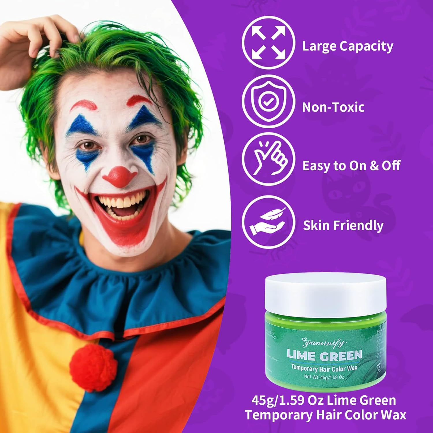 Halloween Joker Clown Makeup Kit,Red White Blue Black Face Body Paint+Lime Green Temporary Hair Dye+Setting Powder+4 pcs sponge,Face Painting for Clown Skull Cosplay Costume SFX Makeup Set