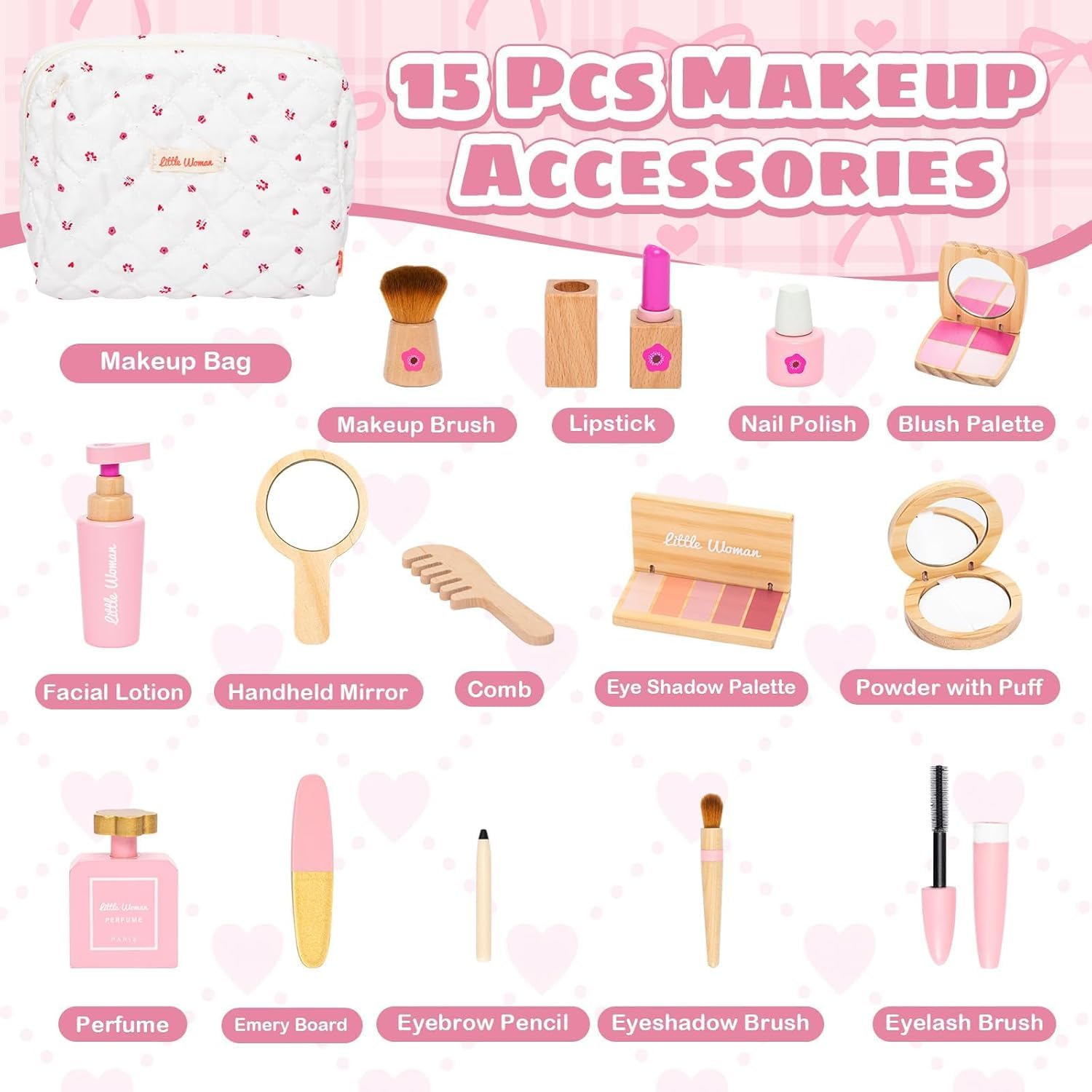 Set Trucchi Bambina in Legno Finti, Bacxzomx Finto Trucco Bellezza Salone con Trousse Cosmetici, Accessori Postazione Trucco Bimba, Giochi in Legno, Regalo Bambine 3 4 5 6 7 Anni