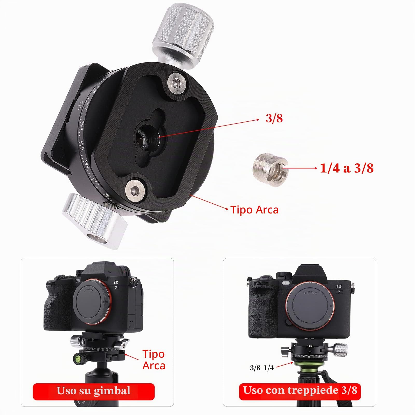 FOTGA Testa panoramica girevole a 360° con morsetto girevole e piastra a sgancio rapido da 50 mm, vite da 1/4 pollici per Arca-Swiss treppiede, monopiede, testa sferica, fotocamera DSLR