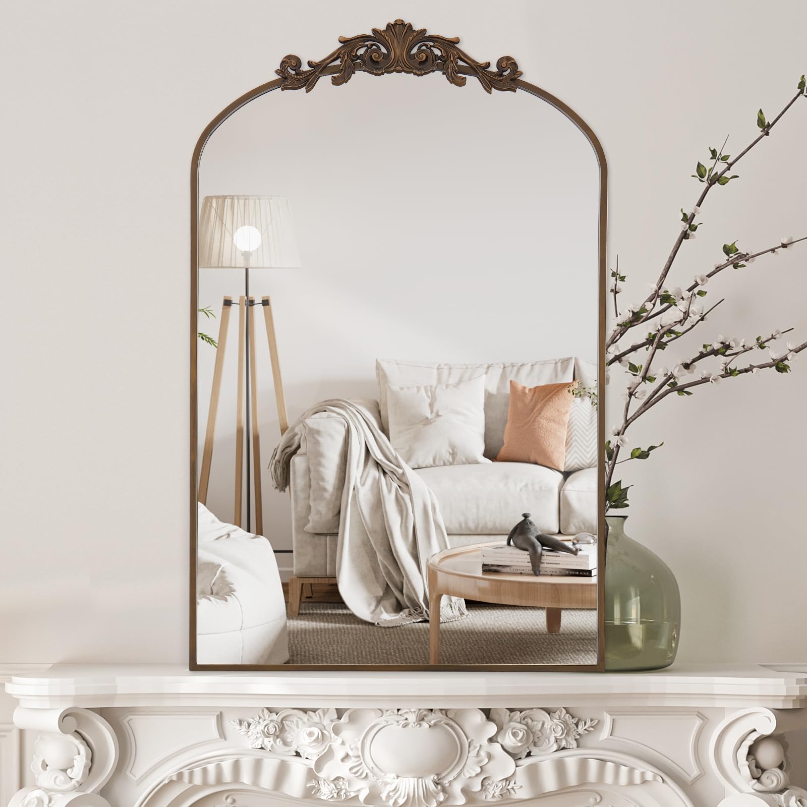Filigree Arched Wall Mirror 22"x46" Retro Wall-Mounted Mirror with Vintage Ornate Carved Applique Hanging Leaning Antique Home Decor Mirror for Fireplace Living Room Entryway Hallway Bathroom, Bronze
