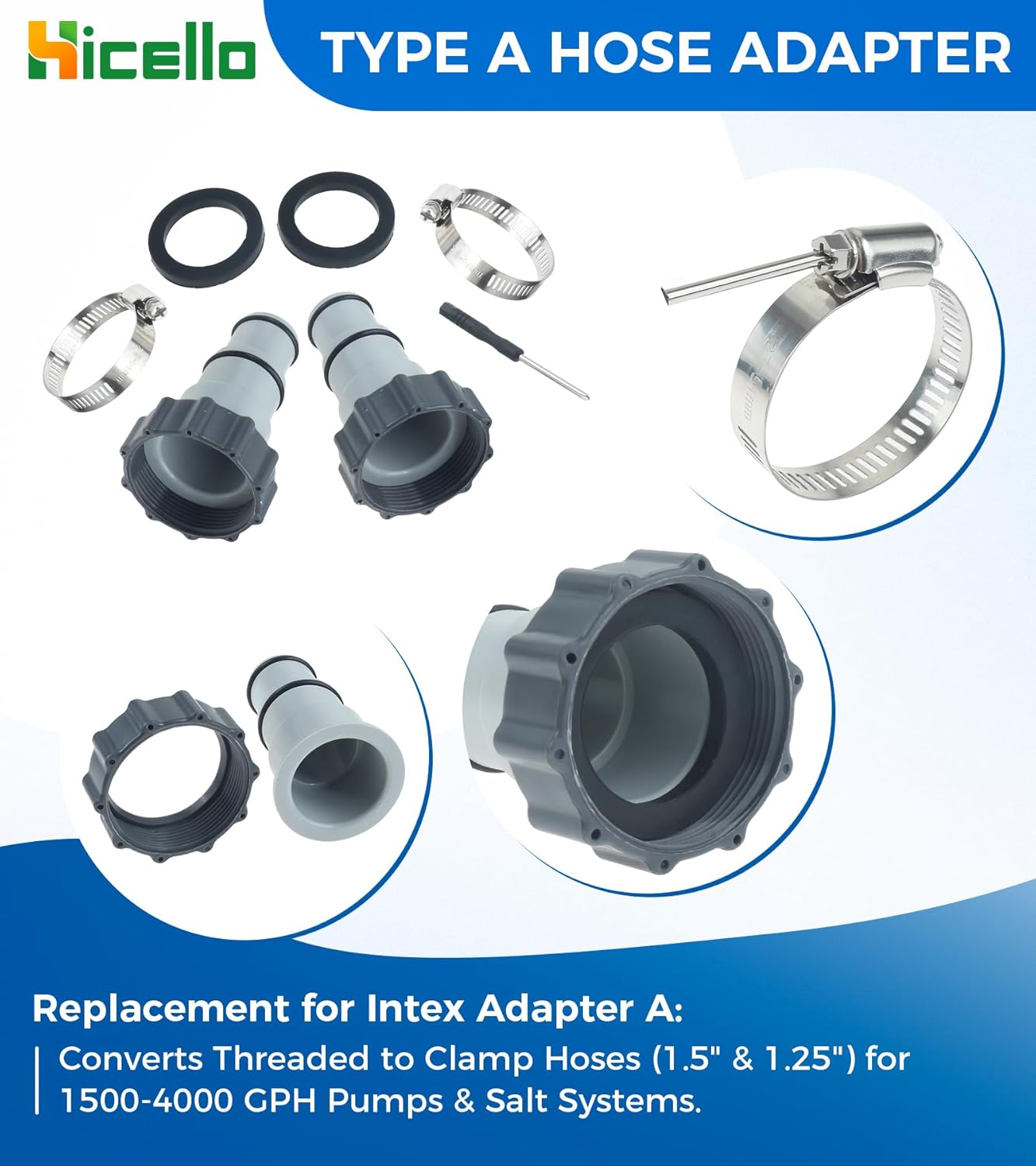 Pool Hose Adapter with Plunger Valve Kit – 2× Type A & 2× Type B Connectors, 2 Stainless Steel Clamps, 2 Gaskets, 2 Plunger Valves – 1.25" to 1.5" Replacement for Intex Filters with Screwdriver