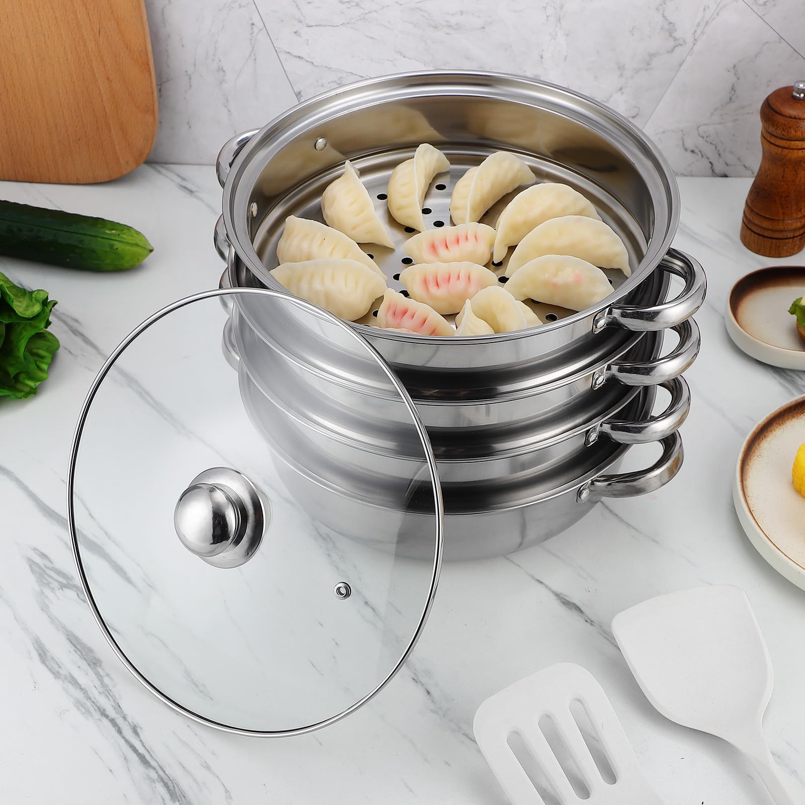 Vaporera para Cocción al Vapor Tapa Acero Inoxidable Super Gruesa de Cuatro Capas Cazuela para Guisar Vapor Multifuncional en Cocina