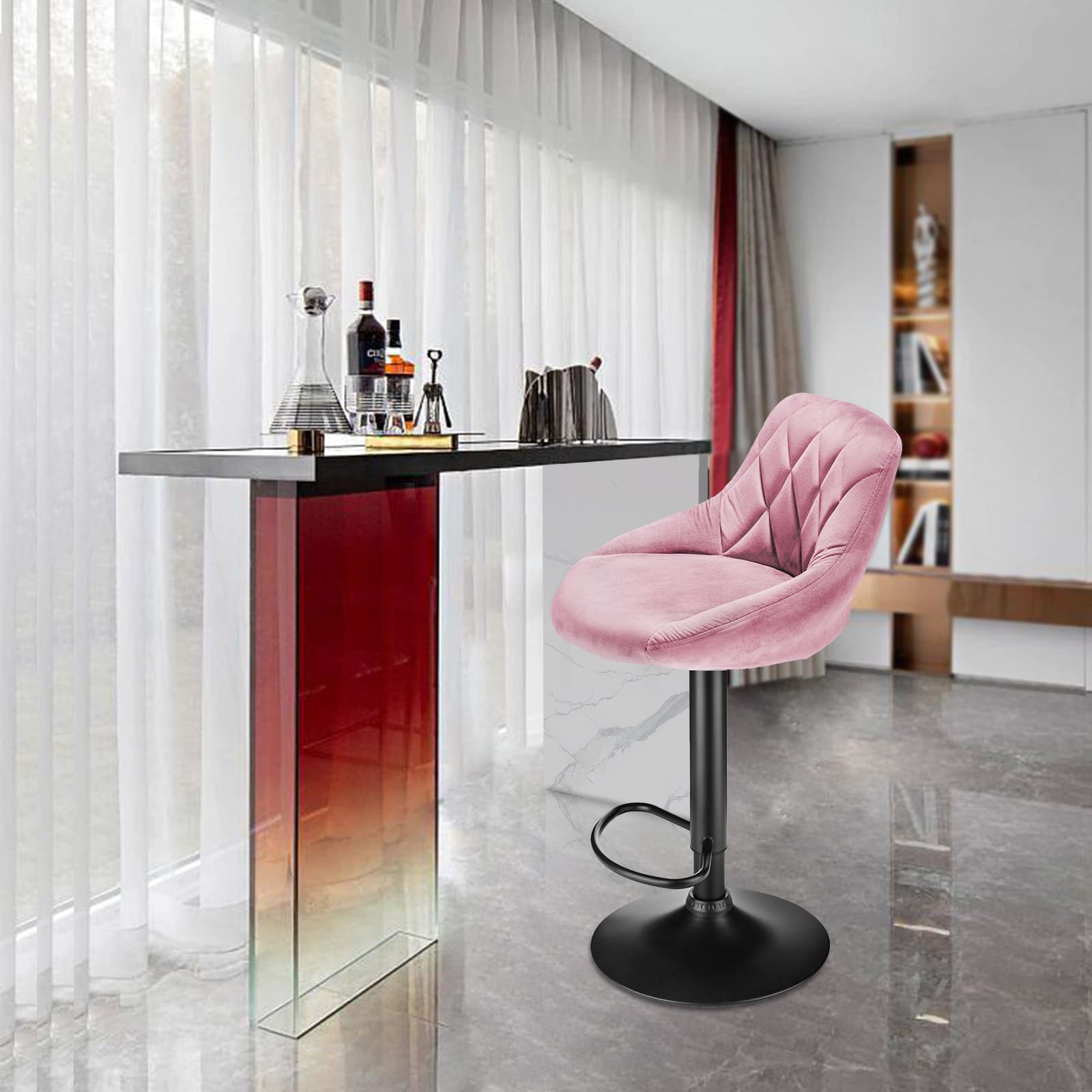Tabouret de Bar Lot de 2 en Velours, Chaise Haute Bar, Tabourets de Cuisine Hauteur Réglable, Tabouret de Bar Pivotant avec Dossier et Repose-Pieds. (Rose)