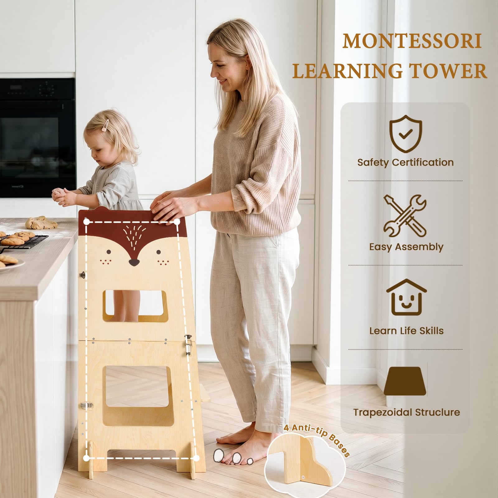 labebe Lernturm ab 1 Jahr， klappbar Montessori Learning Tower | 3 in 1 Montessori Lernturm Kinder mit Message Boards ab 1 Jahr aus Holzwerkstoff