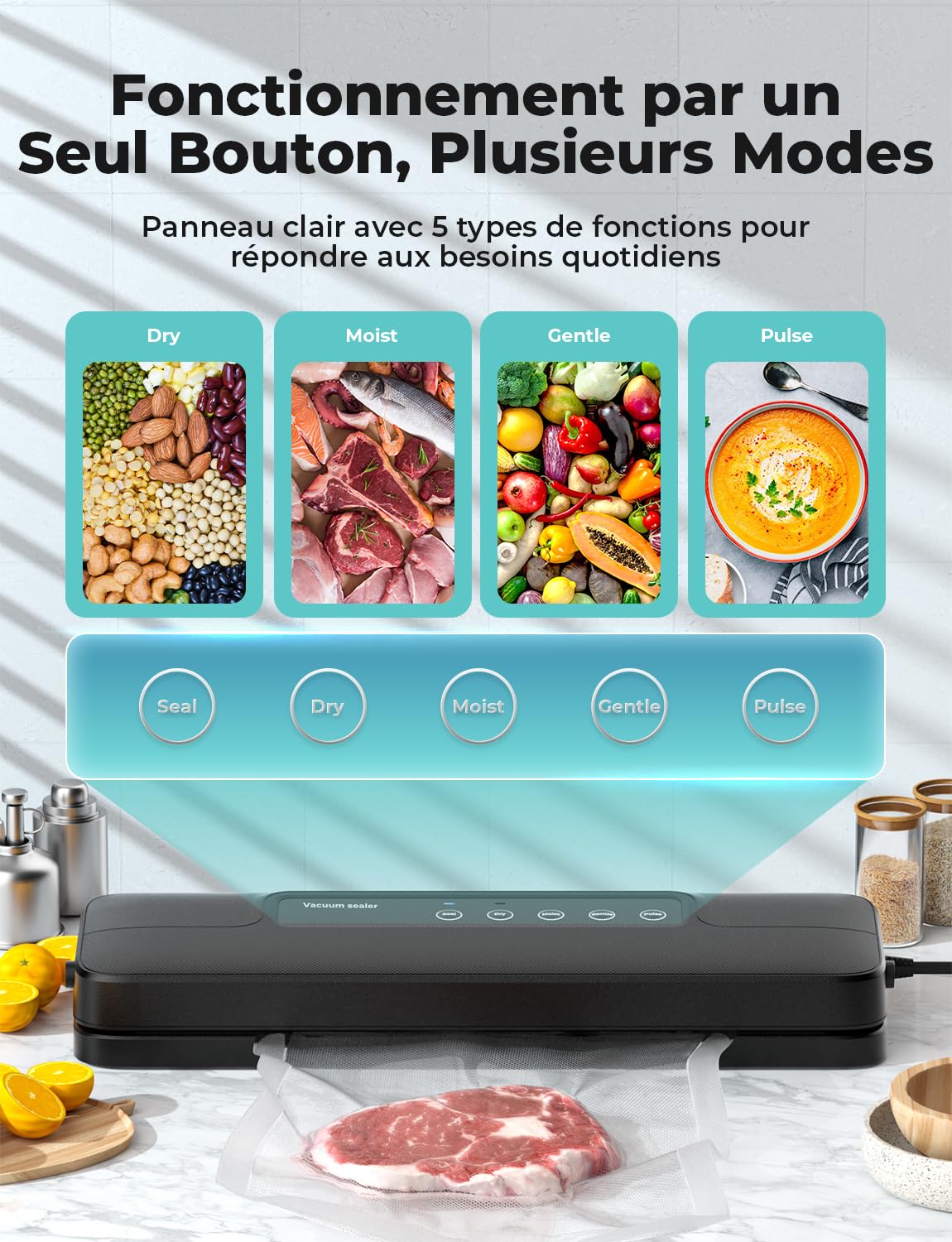 Machine Sous Vide Alimentaire 5 en 1, Appareil Sous Vide Alimentaire avec Mode Sec et Humide, 10 Sacs Sous Vide Inclus, Emballeur Sous Vide la Cuisine et la Conservation, Noir